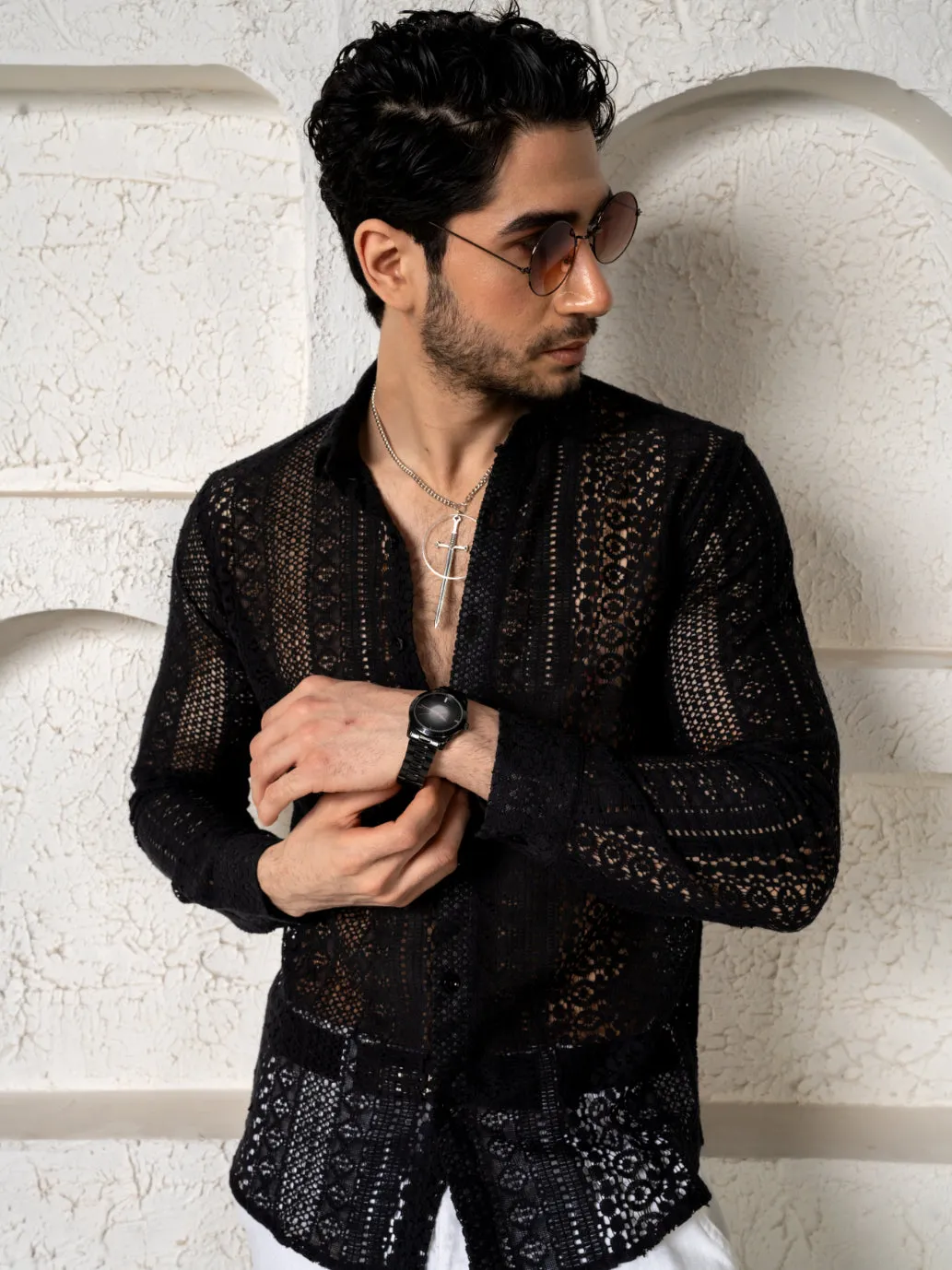 Firangi Yarn Crochet Cotton Black Lace Shirt For Men- Full Sleeves(Take One Size Bigger Than Your Usual Size)