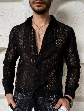 Firangi Yarn Crochet Cotton Black Lace Shirt For Men- Full Sleeves(Take One Size Bigger Than Your Usual Size)