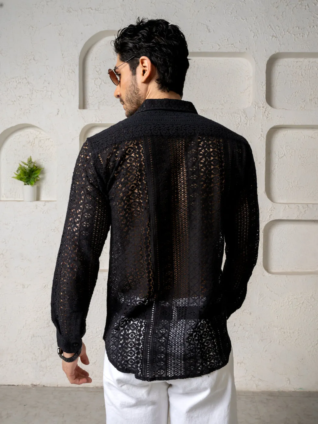 Firangi Yarn Crochet Cotton Black Lace Shirt For Men- Full Sleeves(Take One Size Bigger Than Your Usual Size)