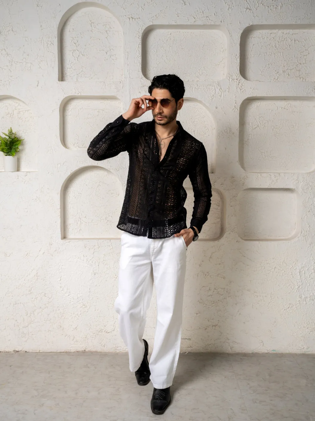 Firangi Yarn Crochet Cotton Black Lace Shirt For Men- Full Sleeves(Take One Size Bigger Than Your Usual Size)