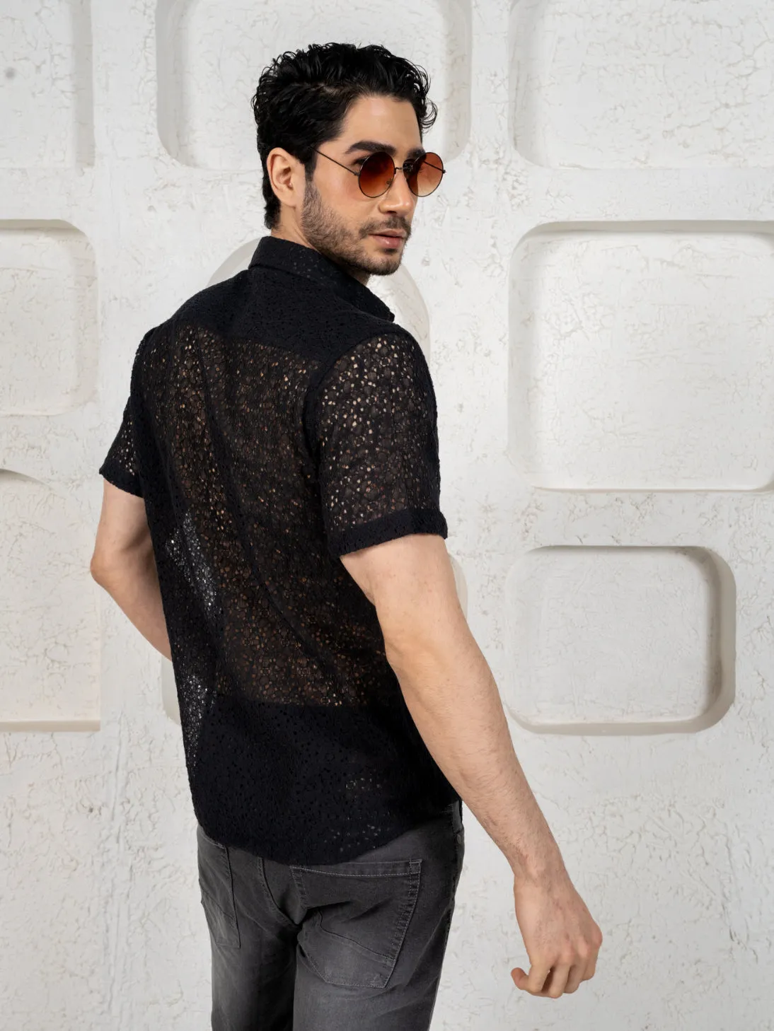 Firangi Yarn Crochet Cotton Jet Black Floral Lace Shirt For Men 2024 - Half Sleeves (Take One Size Bigger Than Your Usual Size)