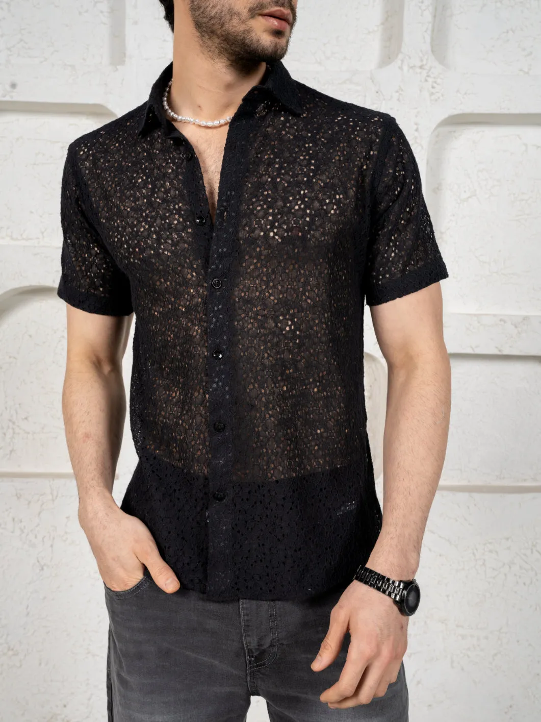 Firangi Yarn Crochet Cotton Jet Black Floral Lace Shirt For Men 2024 - Half Sleeves (Take One Size Bigger Than Your Usual Size)