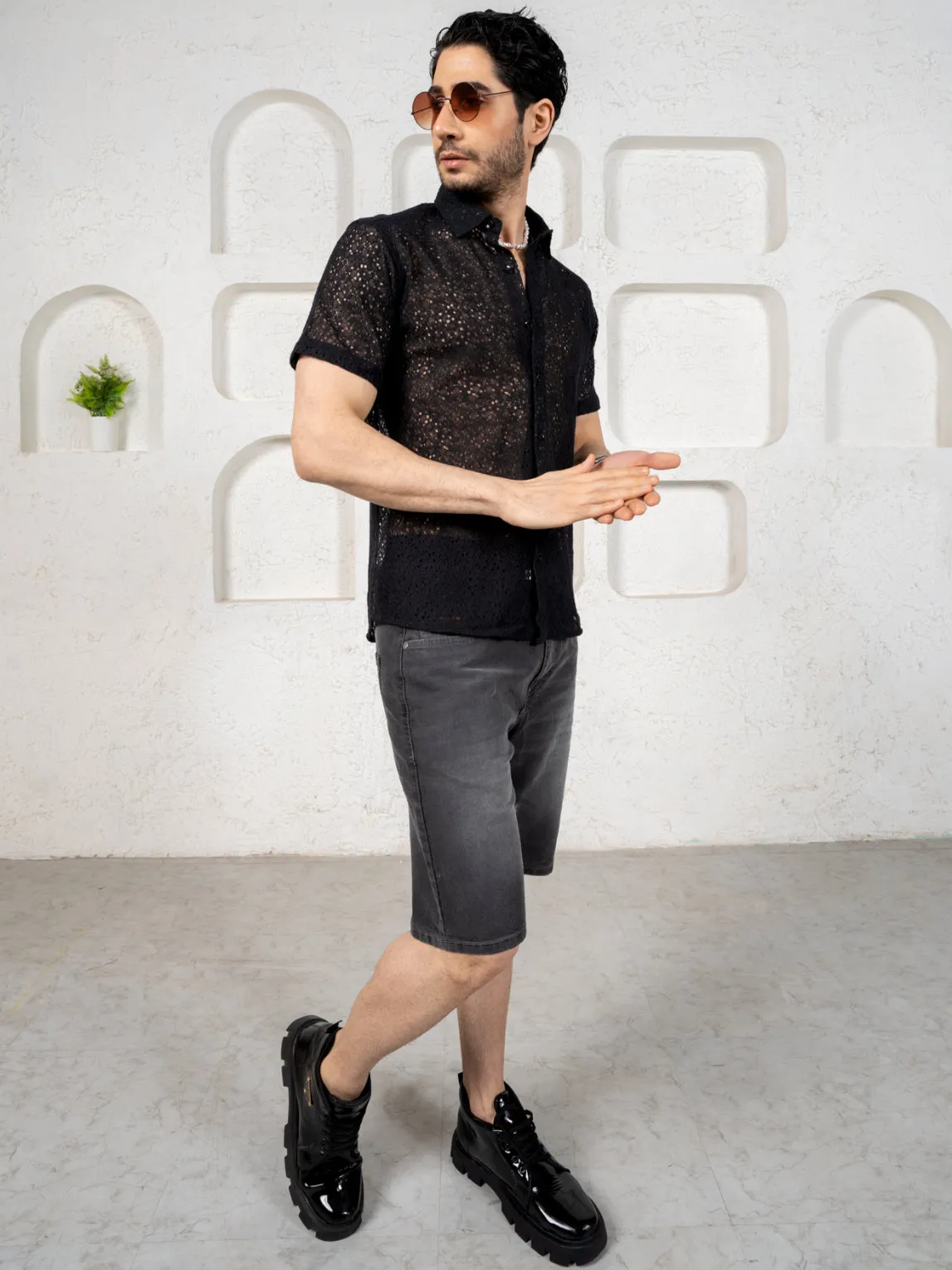 Firangi Yarn Crochet Cotton Jet Black Floral Lace Shirt For Men 2024 - Half Sleeves (Take One Size Bigger Than Your Usual Size)