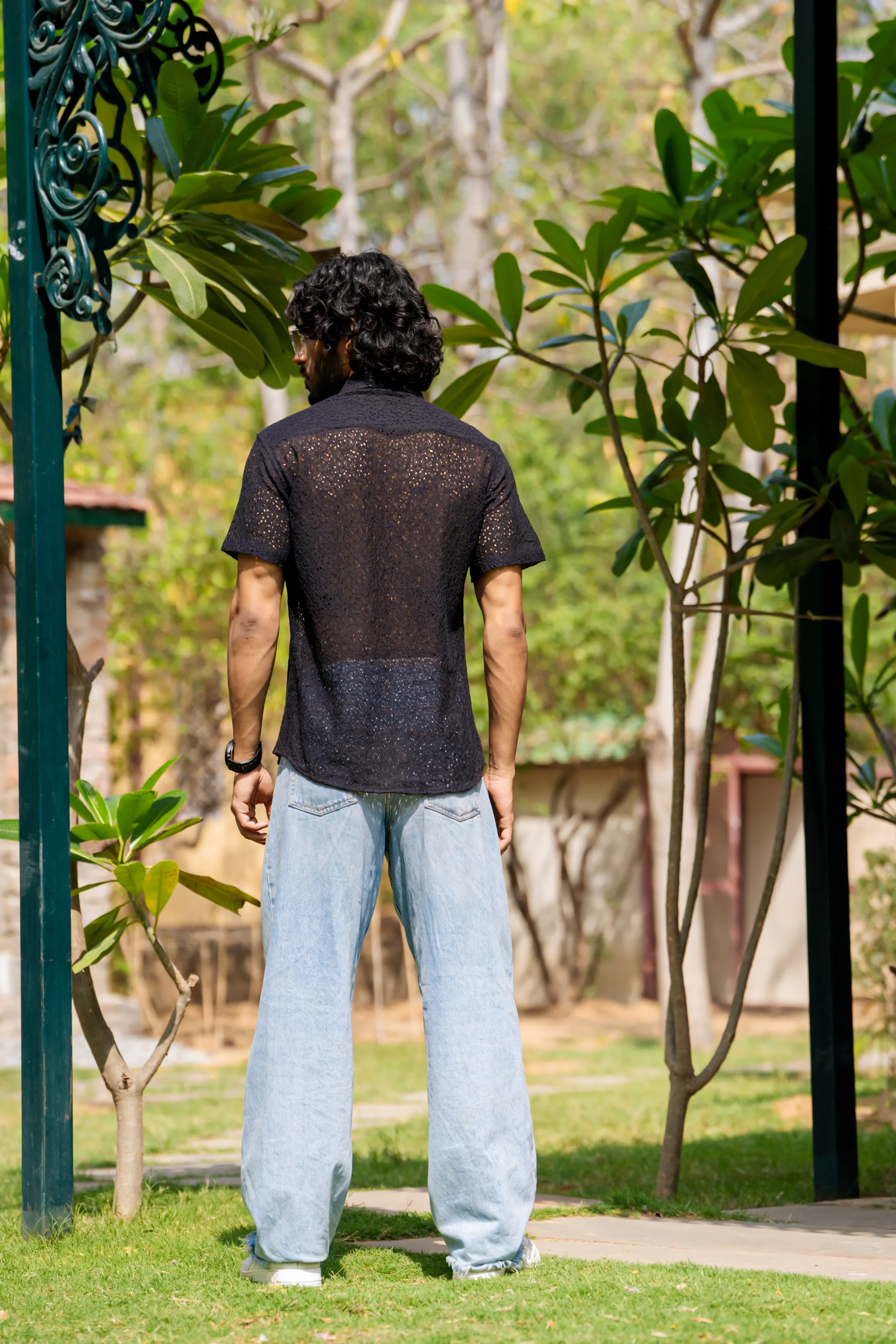 Firangi Yarn Crochet Cotton Jet Black Floral Lace Shirt For Men 2024 - Half Sleeves (Take One Size Bigger Than Your Usual Size)