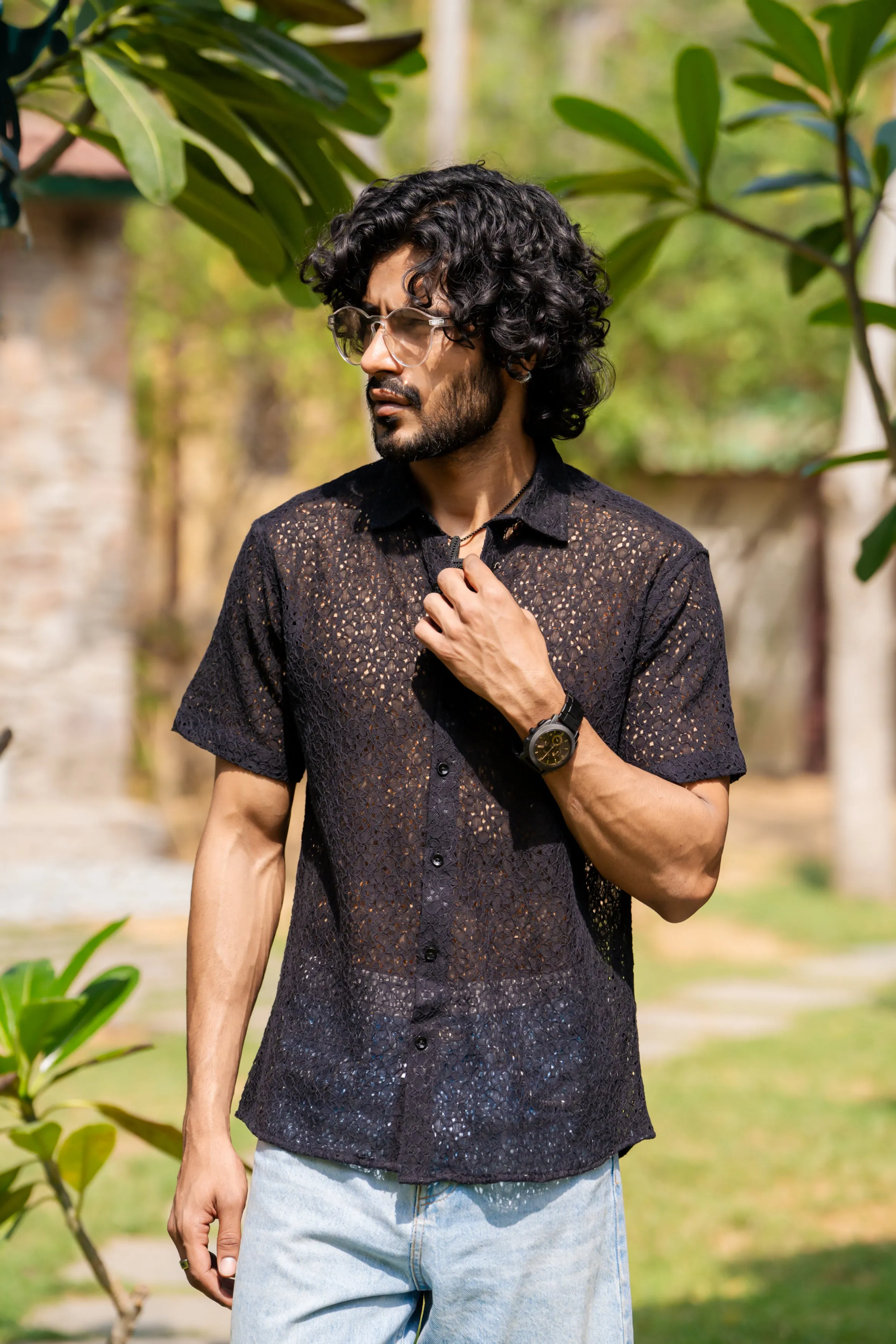 Firangi Yarn Crochet Cotton Jet Black Floral Lace Shirt For Men 2024 - Half Sleeves (Take One Size Bigger Than Your Usual Size)
