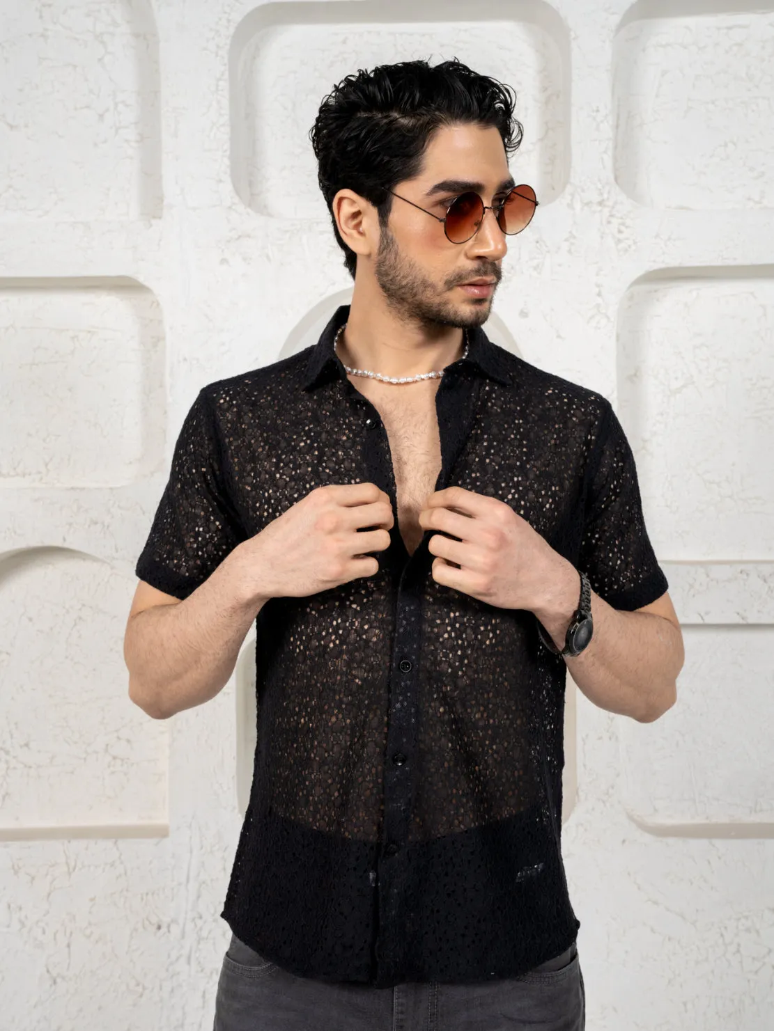 Firangi Yarn Crochet Cotton Jet Black Floral Lace Shirt For Men 2024 - Half Sleeves (Take One Size Bigger Than Your Usual Size)