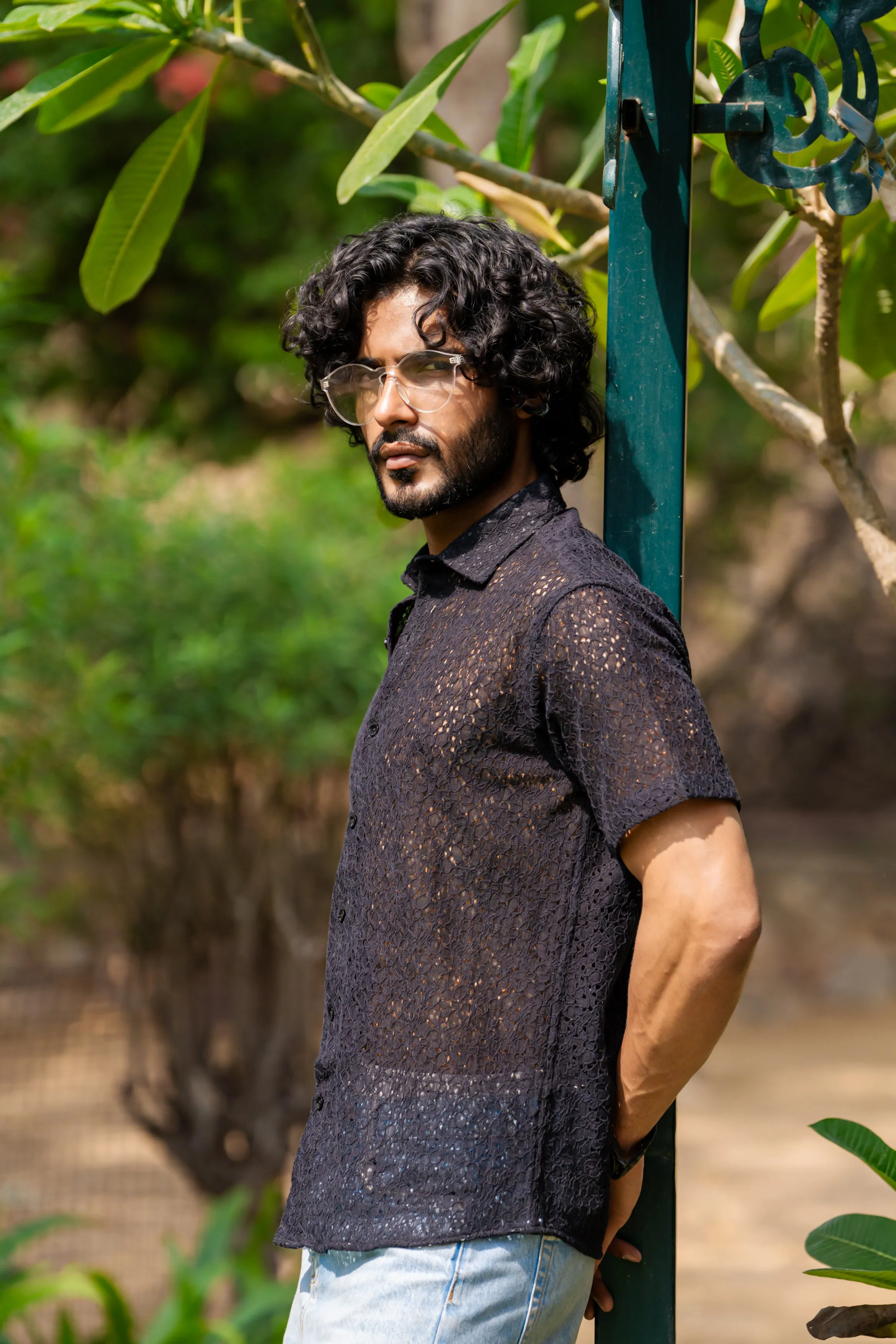 Firangi Yarn Crochet Cotton Jet Black Floral Lace Shirt For Men 2024 - Half Sleeves (Take One Size Bigger Than Your Usual Size)