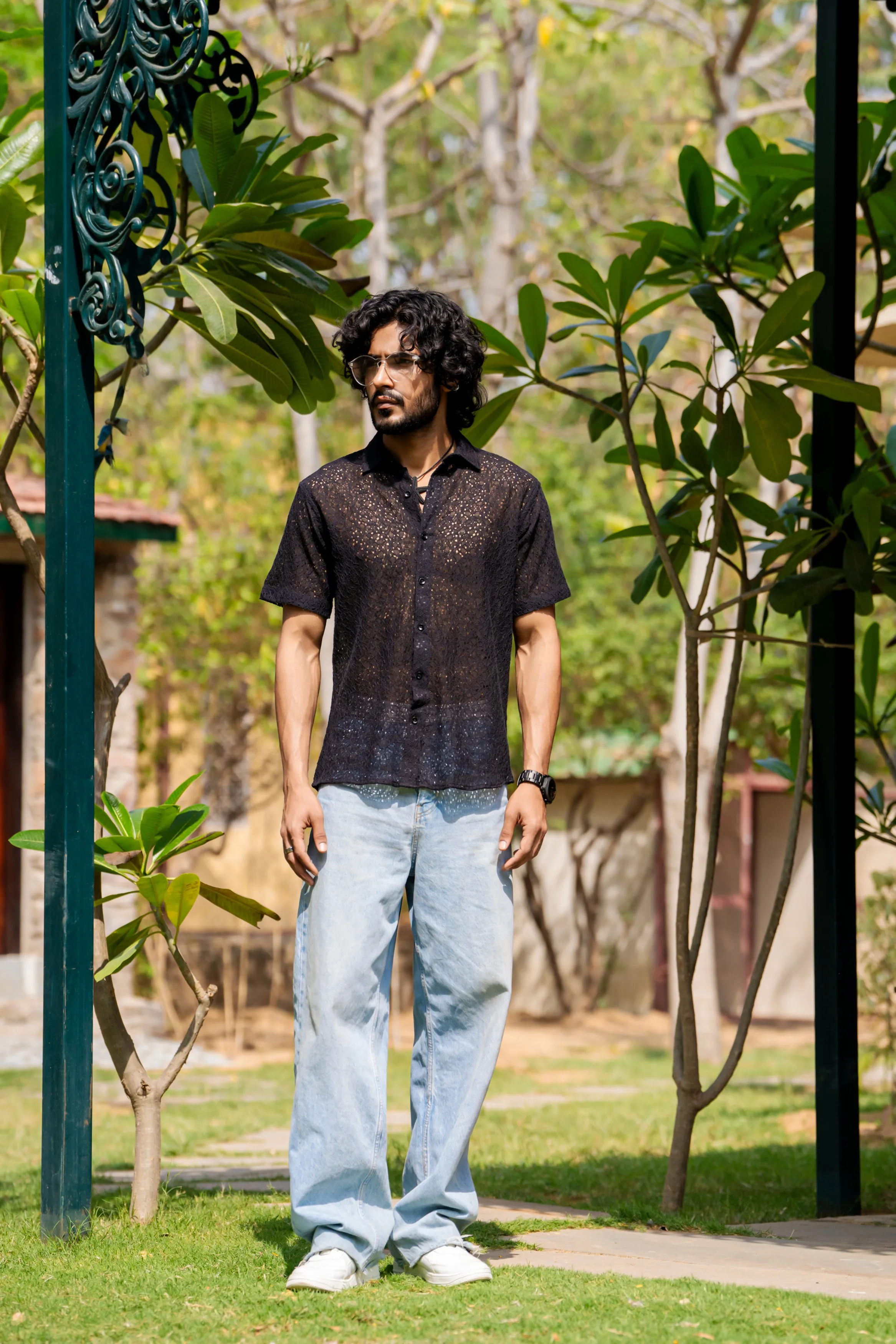 Firangi Yarn Crochet Cotton Jet Black Floral Lace Shirt For Men 2024 - Half Sleeves (Take One Size Bigger Than Your Usual Size)