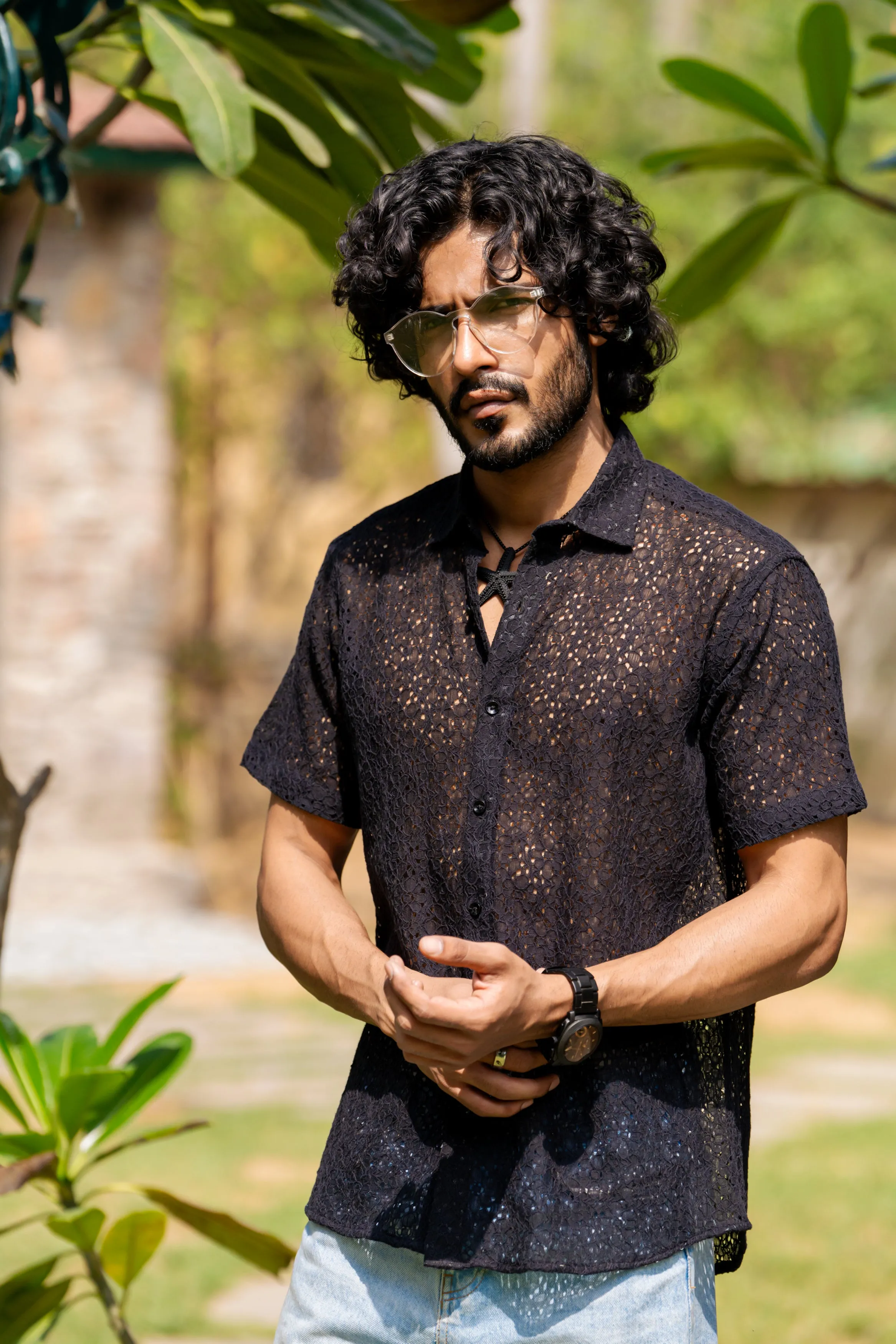 Firangi Yarn Crochet Cotton Jet Black Floral Lace Shirt For Men 2024 - Half Sleeves (Take One Size Bigger Than Your Usual Size)