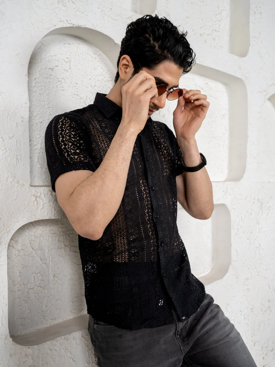 Firangi Yarn Crochet Cotton Jet Black Lace Shirt For Men 2024 - Half Sleeves(Take One Size Bigger Than Your Usual Size)