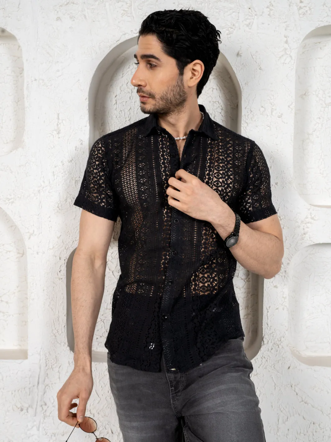 Firangi Yarn Crochet Cotton Jet Black Lace Shirt For Men 2024 - Half Sleeves(Take One Size Bigger Than Your Usual Size)