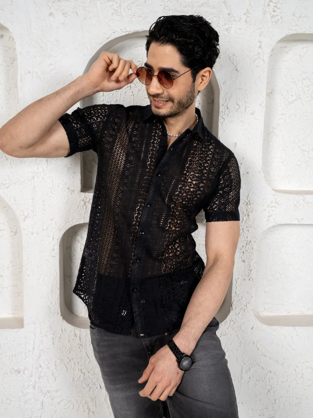 Firangi Yarn Crochet Cotton Jet Black Lace Shirt For Men 2024 - Half Sleeves(Take One Size Bigger Than Your Usual Size)