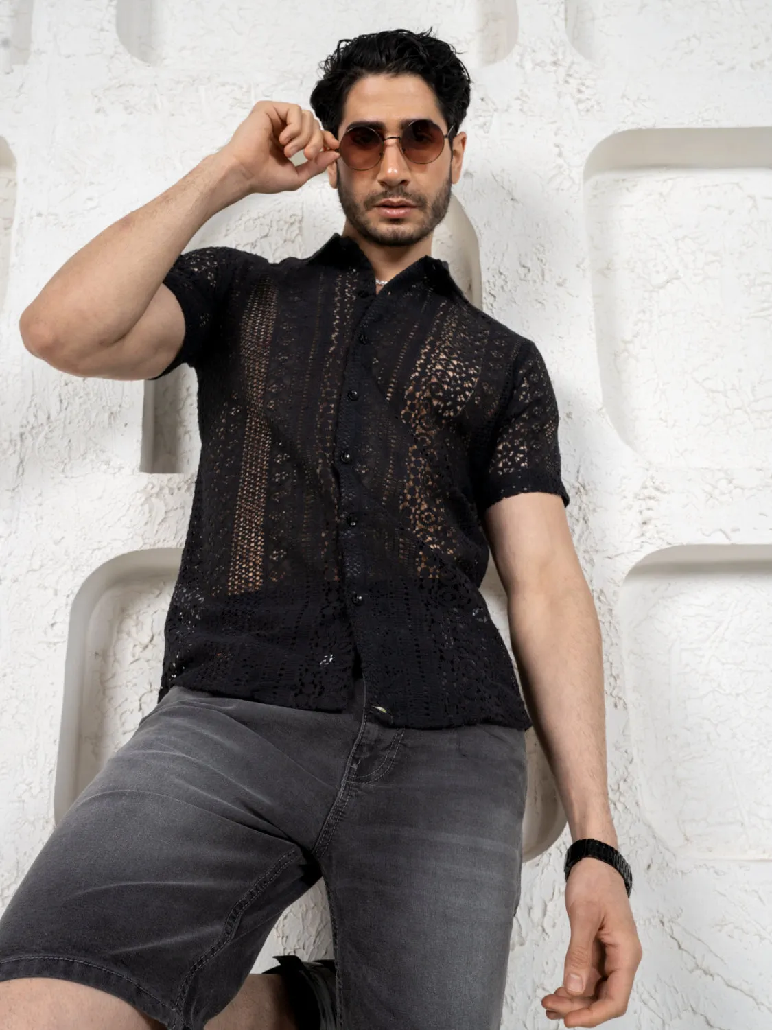 Firangi Yarn Crochet Cotton Jet Black Lace Shirt For Men 2024 - Half Sleeves(Take One Size Bigger Than Your Usual Size)