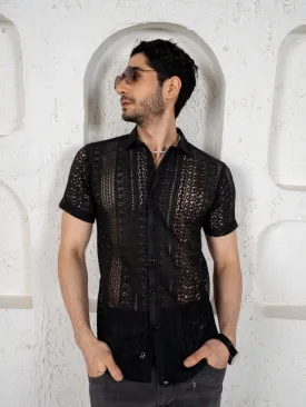 Firangi Yarn Crochet Cotton Jet Black Lace Shirt For Men 2024 - Half Sleeves(Take One Size Bigger Than Your Usual Size)