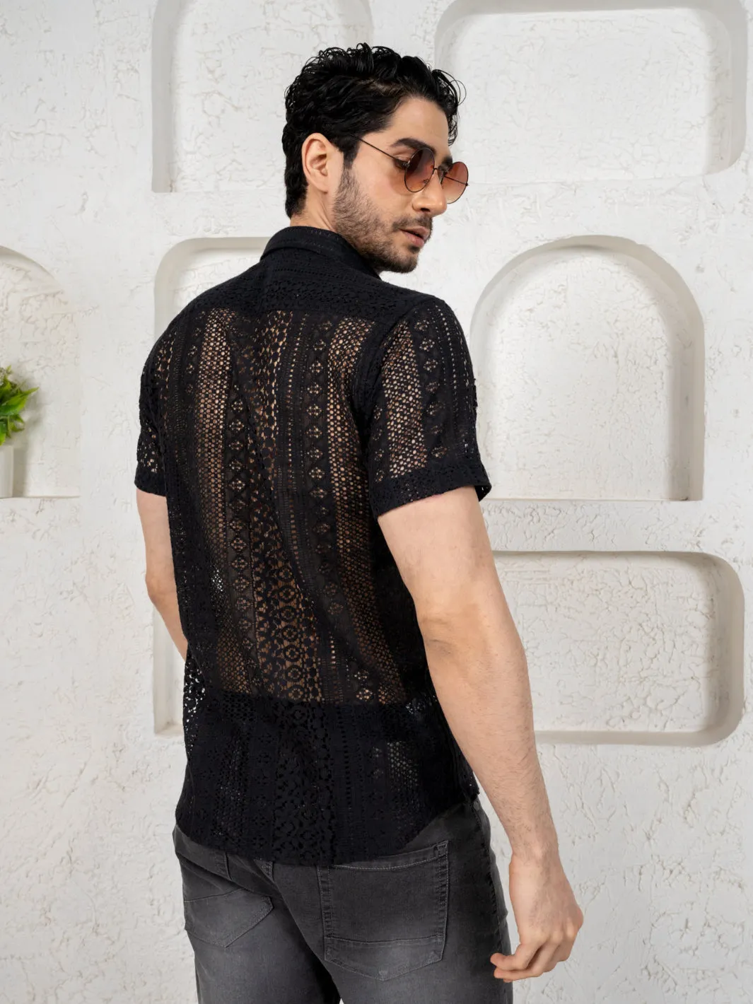 Firangi Yarn Crochet Cotton Jet Black Lace Shirt For Men 2024 - Half Sleeves(Take One Size Bigger Than Your Usual Size)