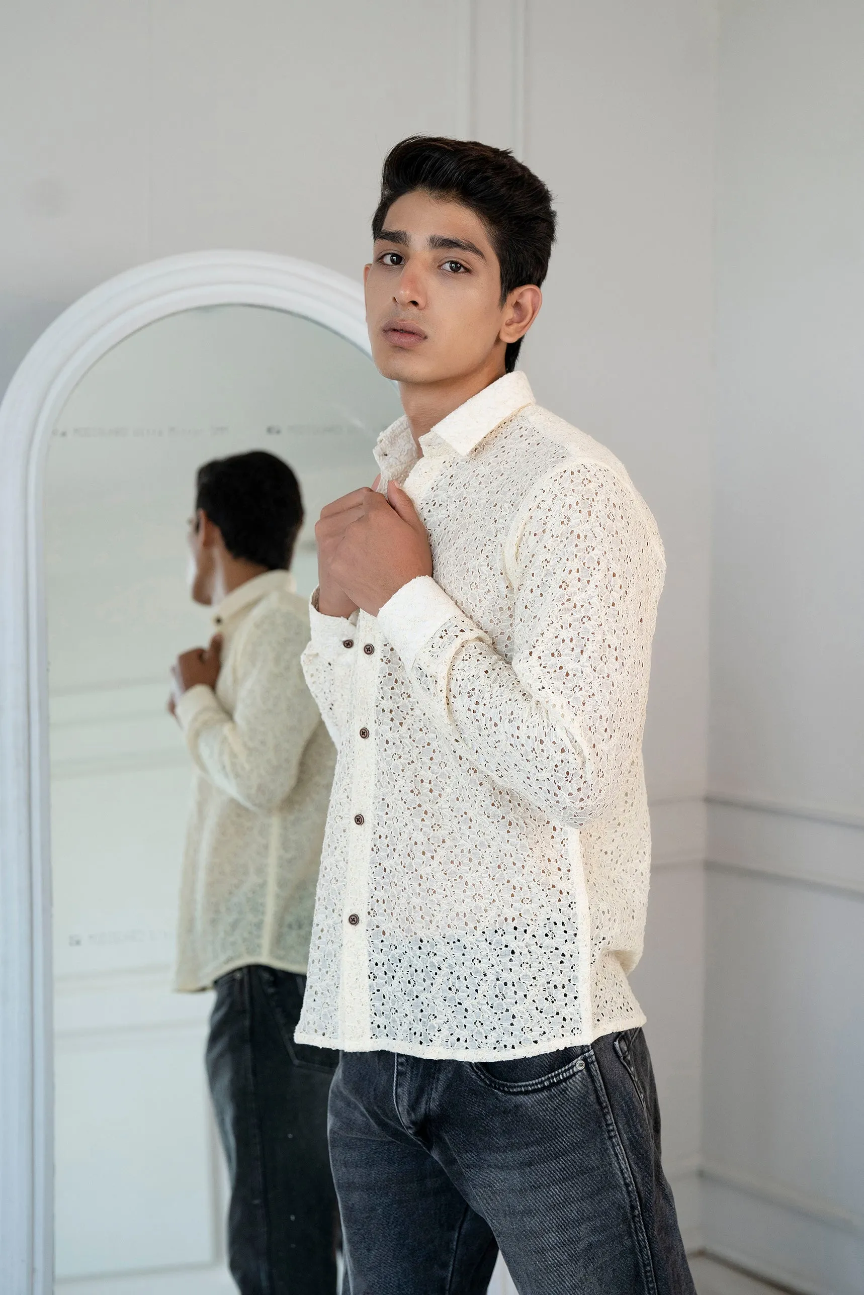 Firangi Yarn Crochet Cotton Off White Ivory Lace Shirt For Men - Full Sleeves