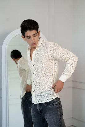 Firangi Yarn Crochet Cotton Off White Ivory Lace Shirt For Men - Full Sleeves