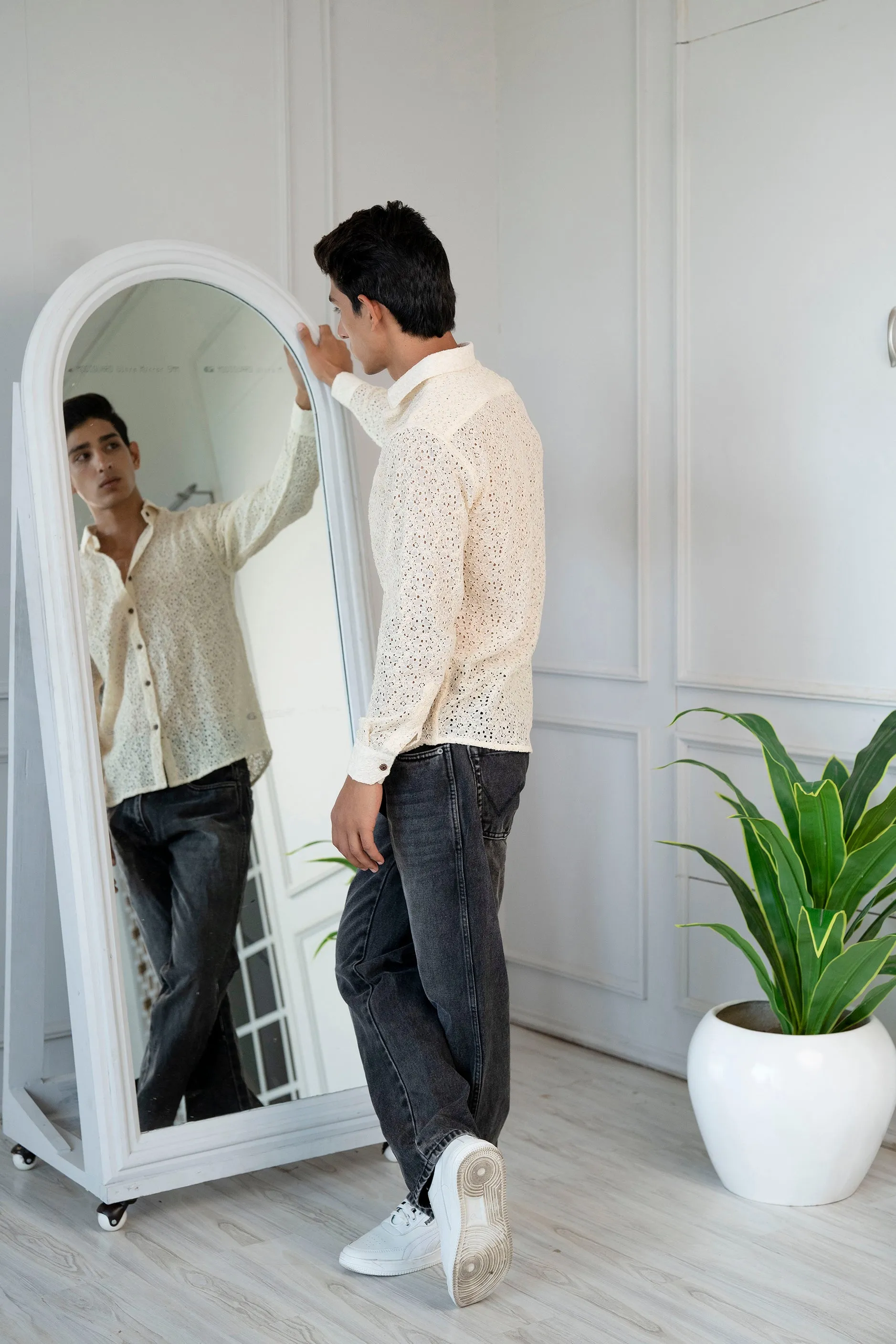 Firangi Yarn Crochet Cotton Off White Ivory Lace Shirt For Men - Full Sleeves