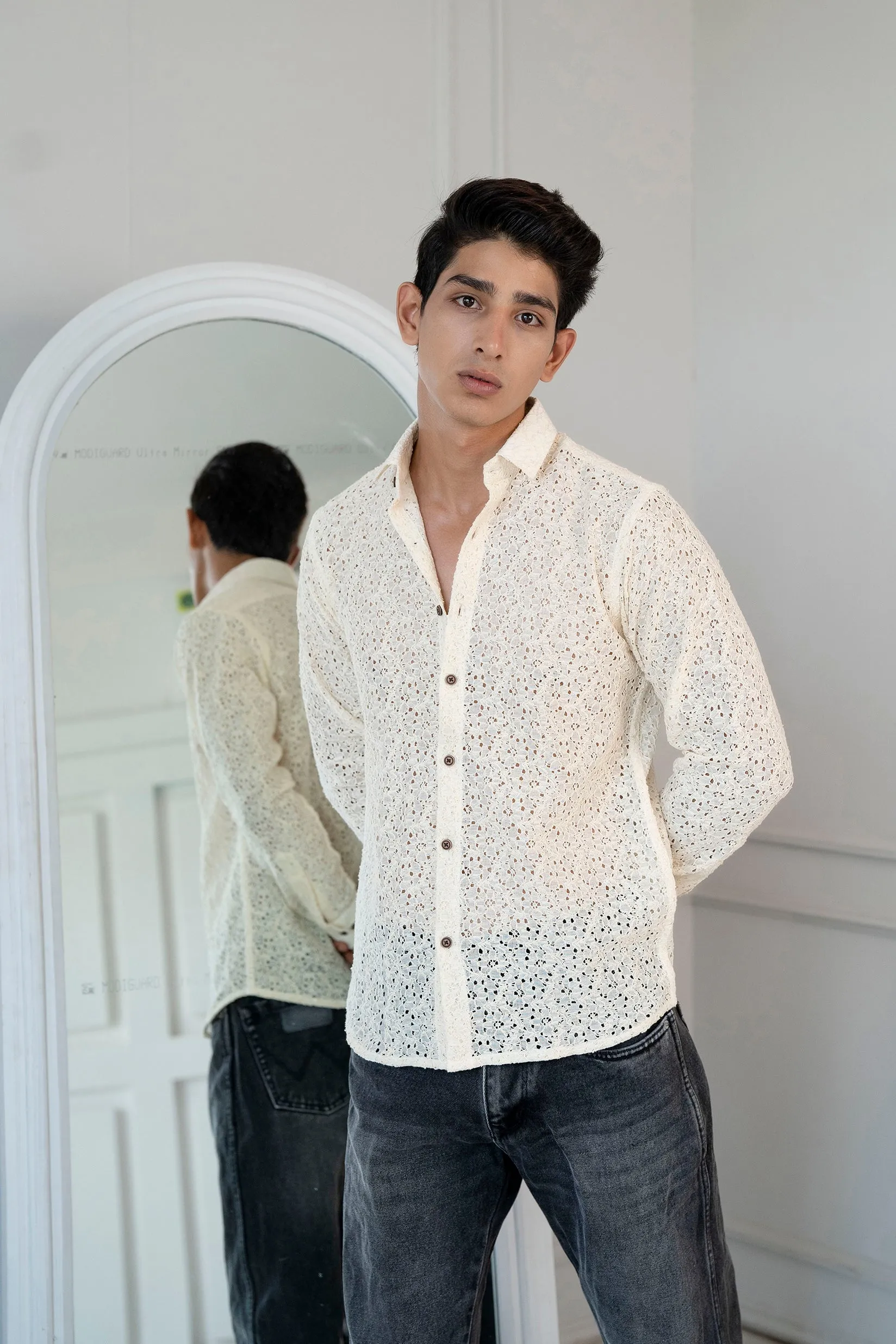 Firangi Yarn Crochet Cotton Off White Ivory Lace Shirt For Men - Full Sleeves