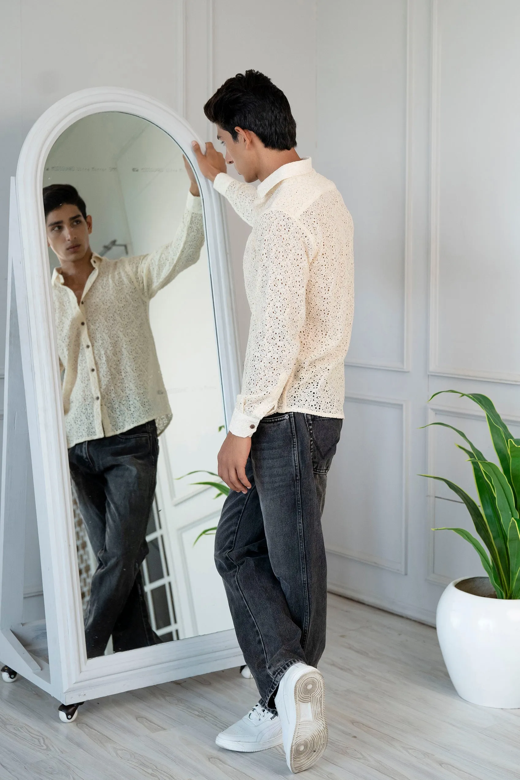 Firangi Yarn Crochet Cotton Off White Ivory Lace Shirt For Men - Full Sleeves