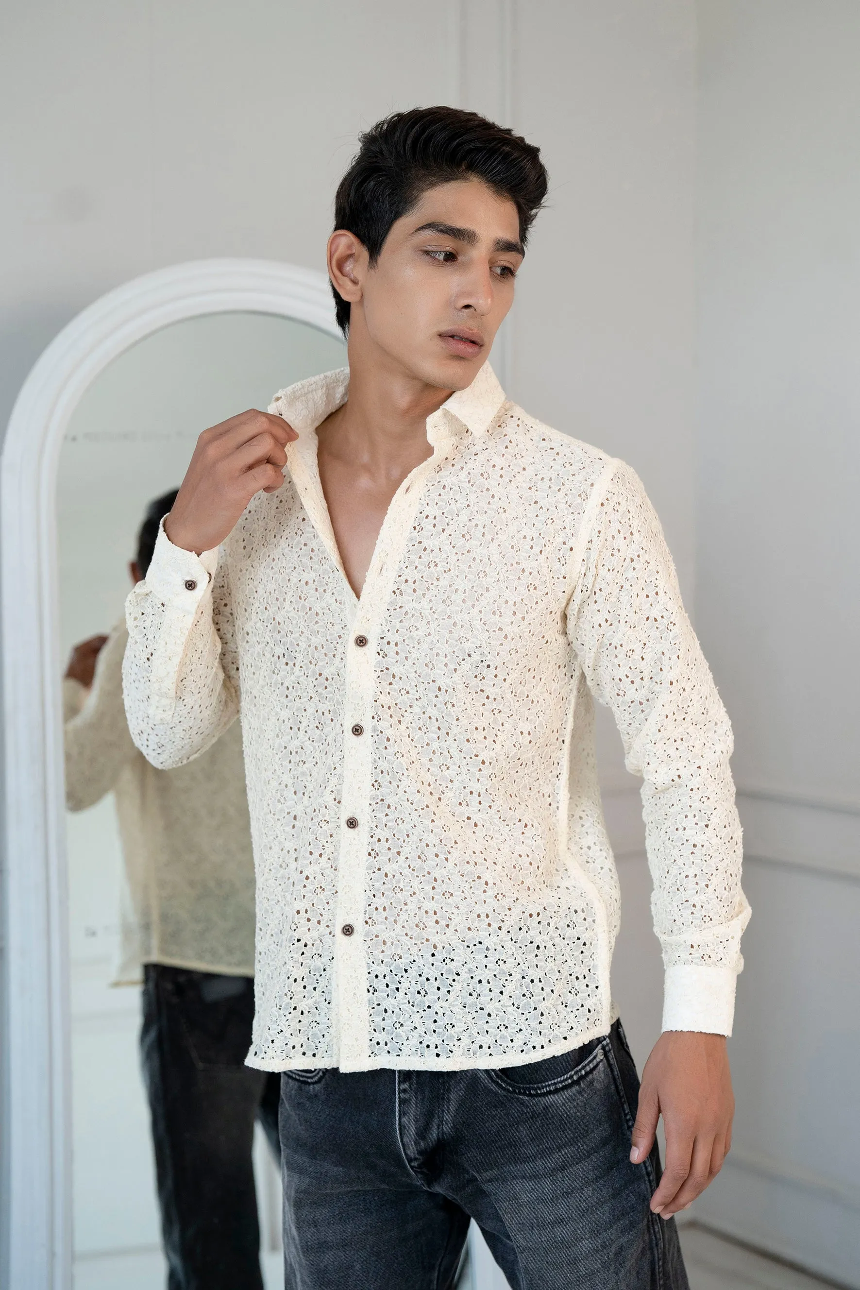 Firangi Yarn Crochet Cotton Off White Ivory Lace Shirt For Men - Full Sleeves