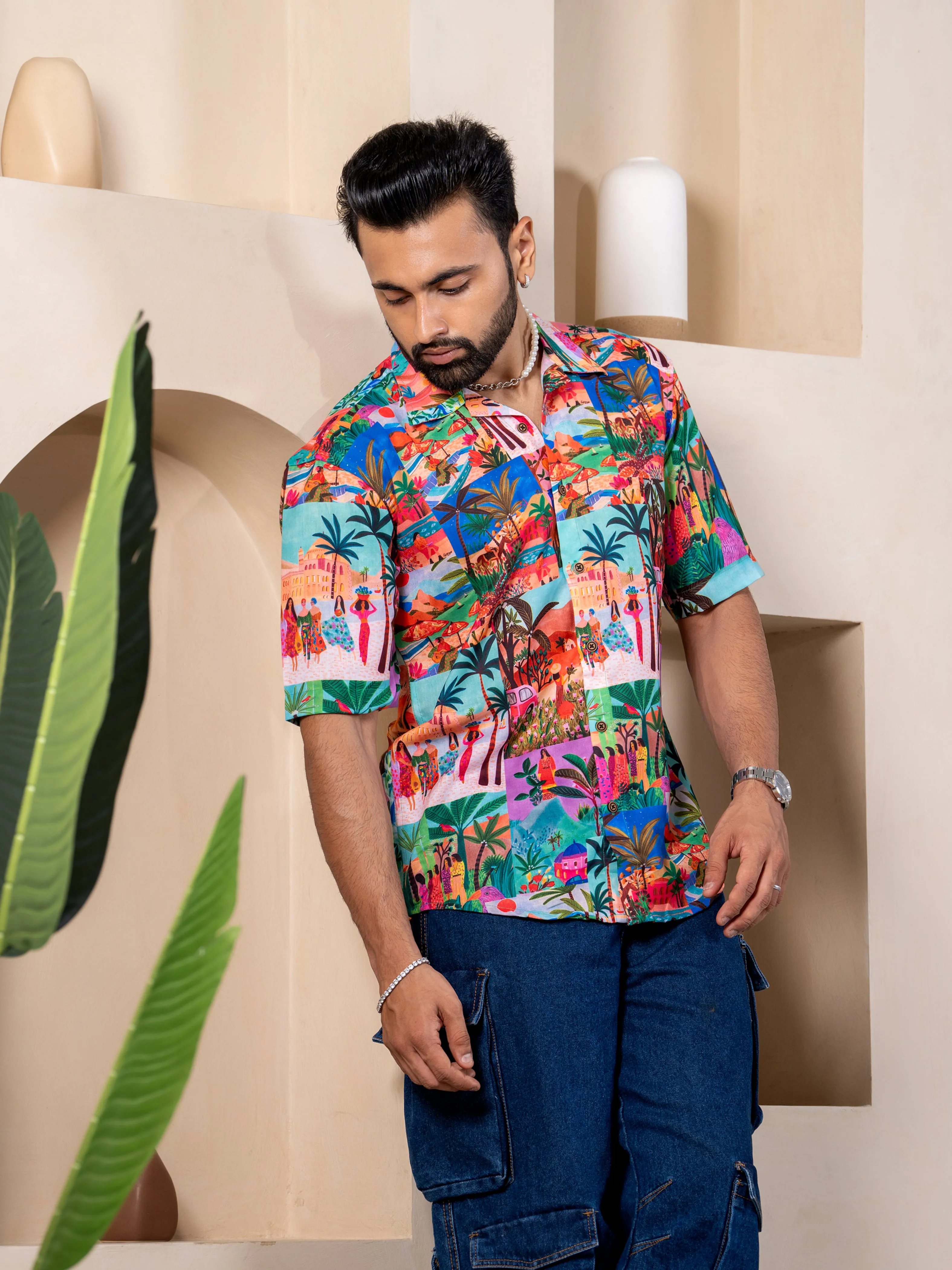 Firangi Yarn Cuban Collar Fusion Printed Oversize Shirt - Beach Scenics