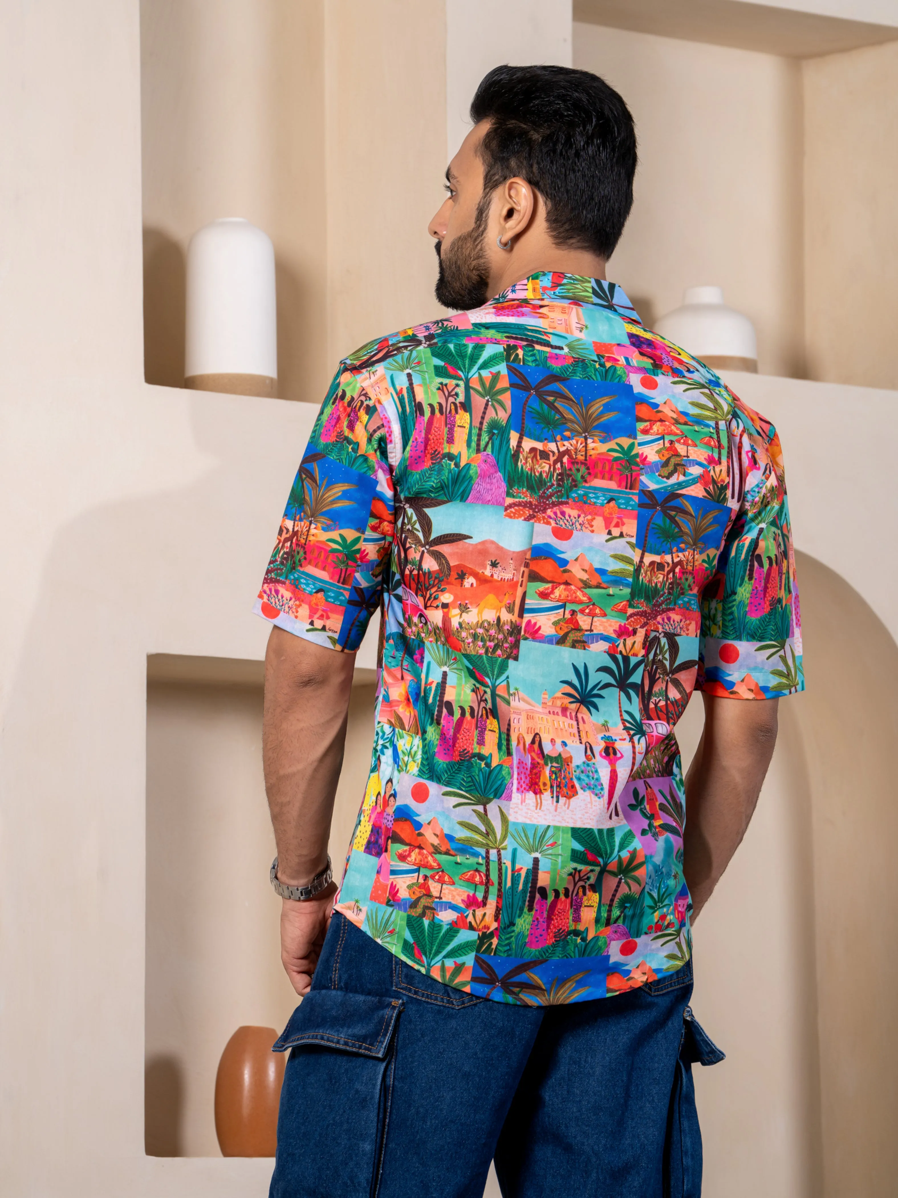 Firangi Yarn Cuban Collar Fusion Printed Oversize Shirt - Beach Scenics