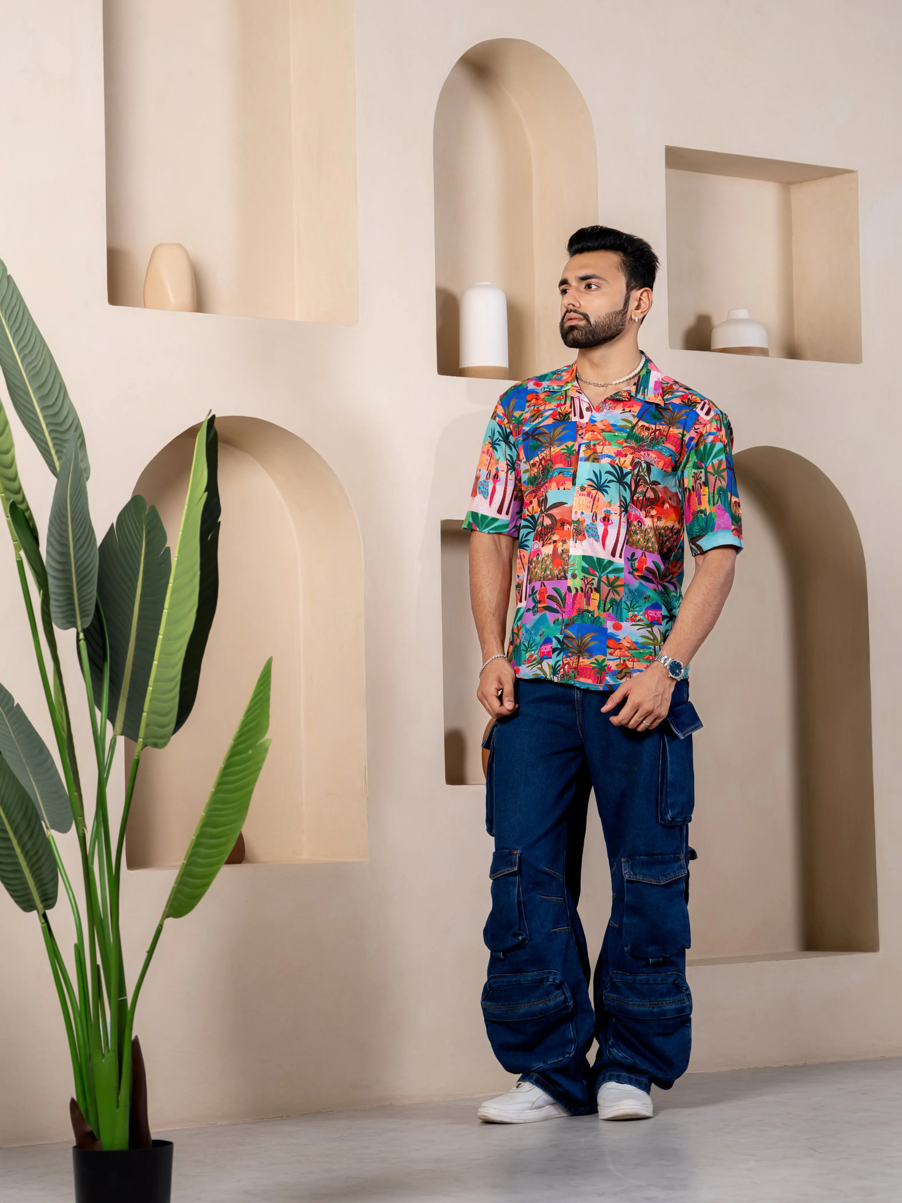 Firangi Yarn Cuban Collar Fusion Printed Oversize Shirt - Beach Scenics