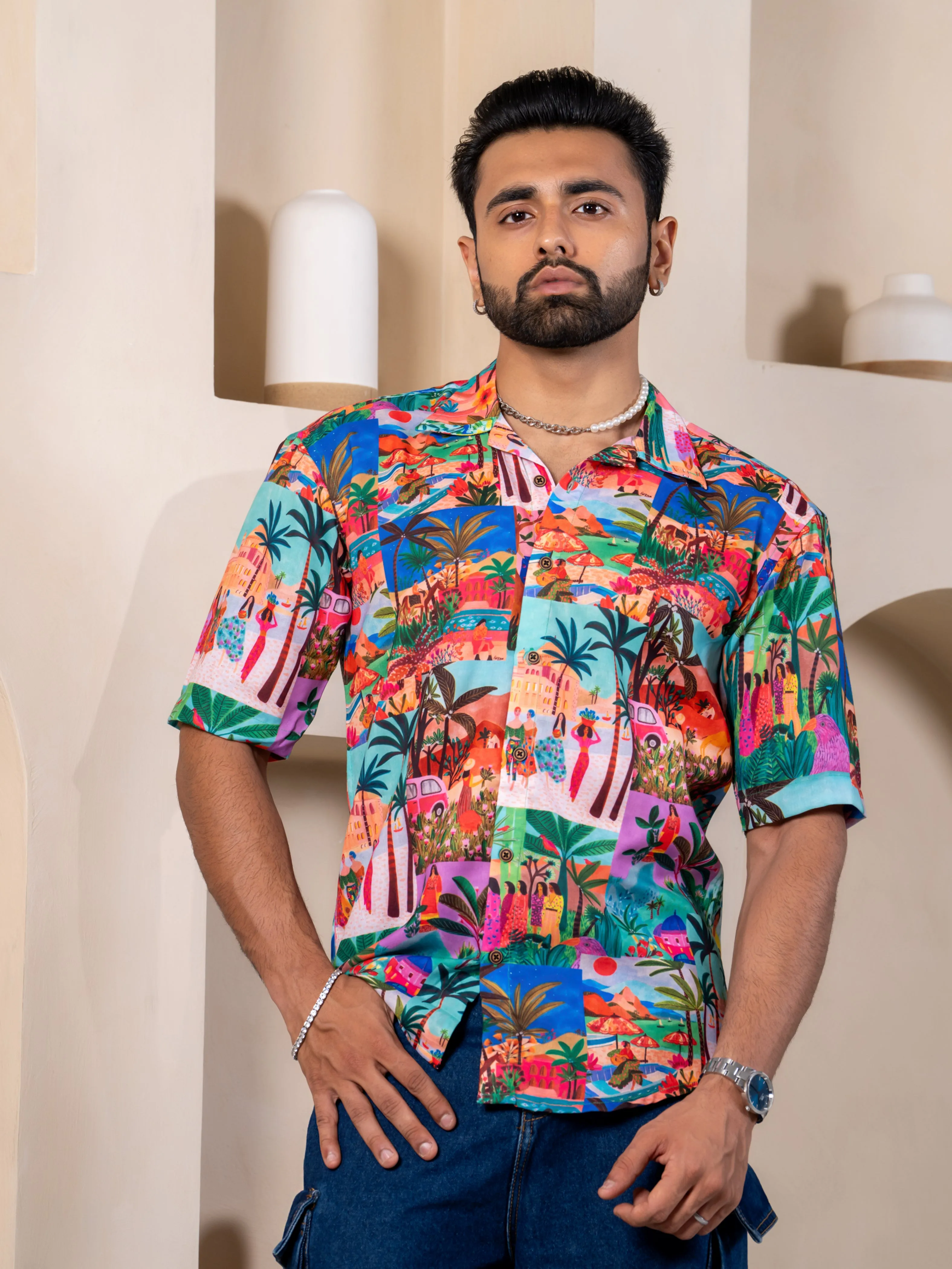 Firangi Yarn Cuban Collar Fusion Printed Oversize Shirt - Beach Scenics