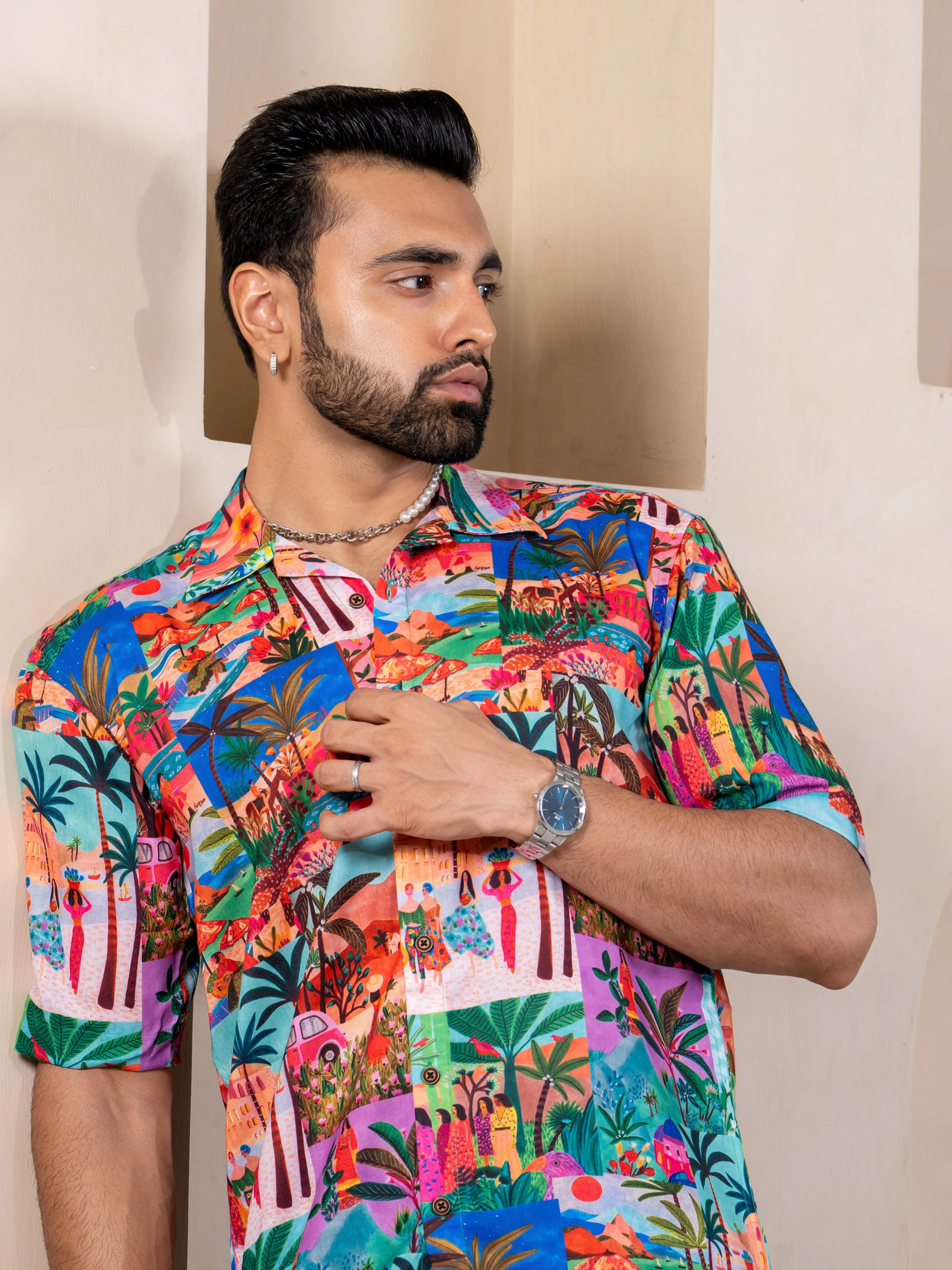 Firangi Yarn Cuban Collar Fusion Printed Oversize Shirt - Beach Scenics
