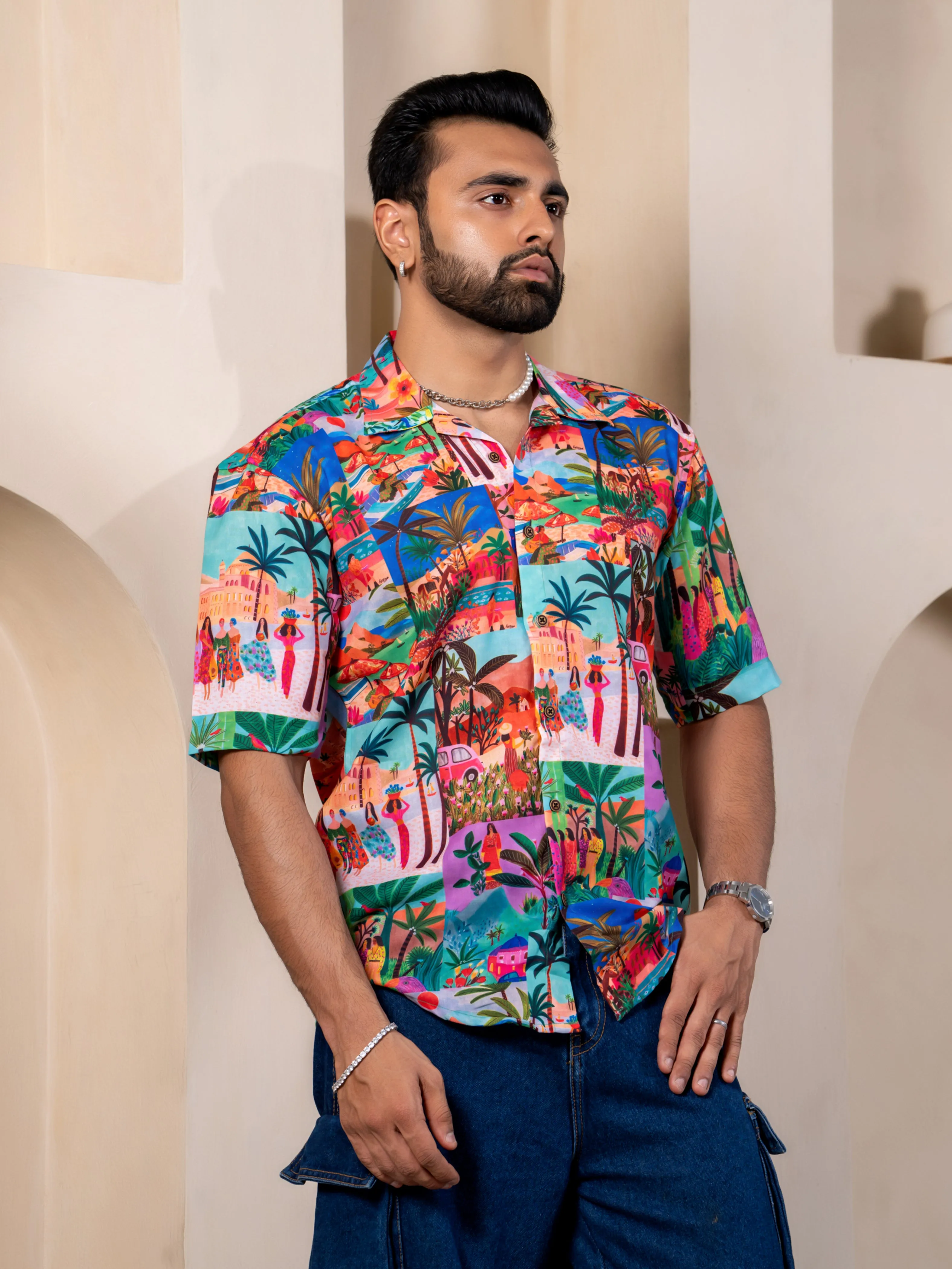 Firangi Yarn Cuban Collar Fusion Printed Oversize Shirt - Beach Scenics