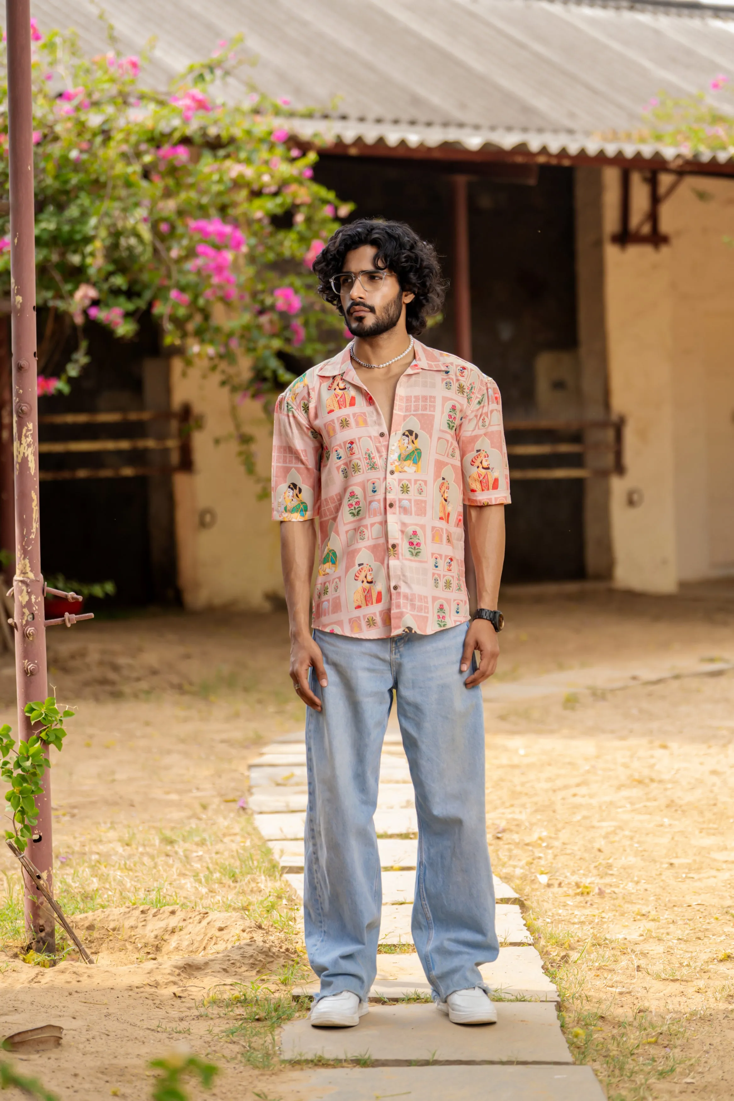 Firangi Yarn Cuban Collar Fusion Printed Oversize Shirt - Mughal Prints