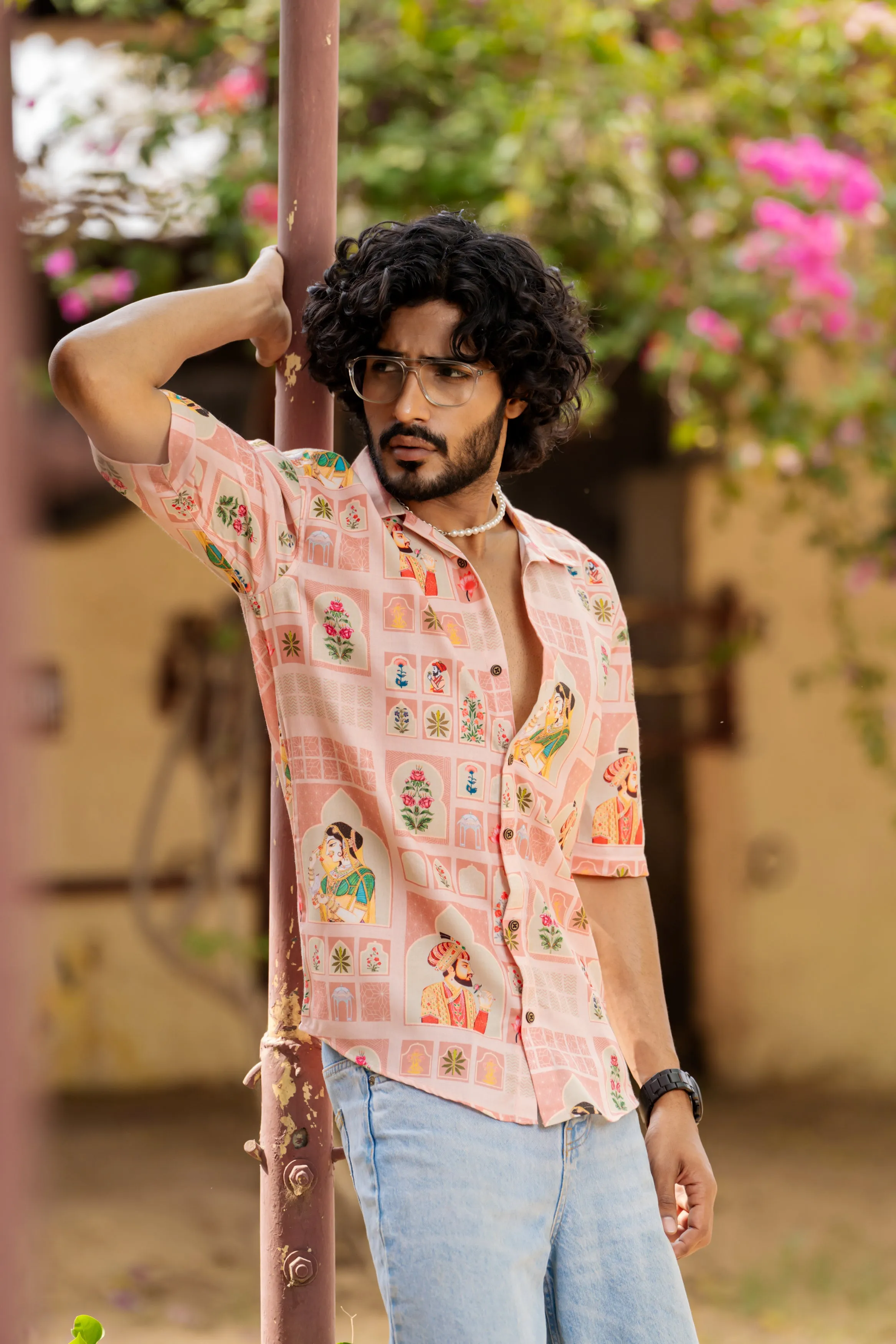 Firangi Yarn Cuban Collar Fusion Printed Oversize Shirt - Mughal Prints