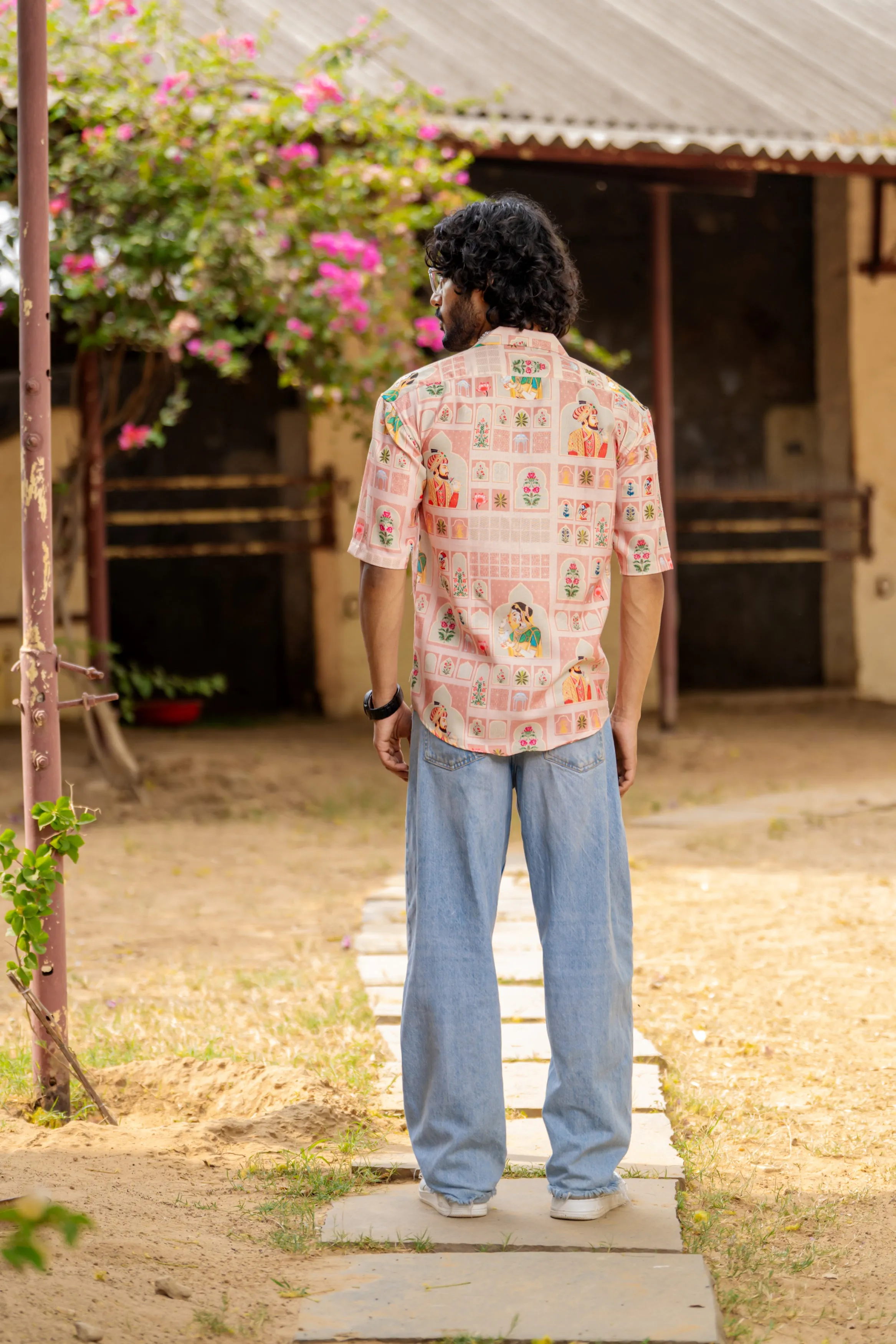 Firangi Yarn Cuban Collar Fusion Printed Oversize Shirt - Mughal Prints