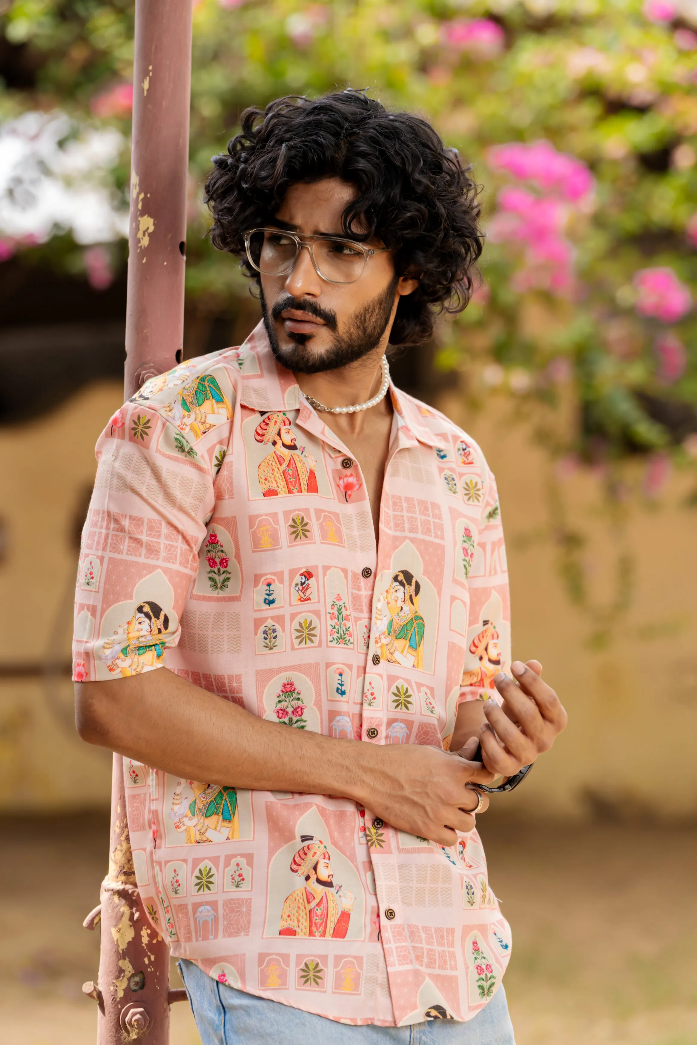 Firangi Yarn Cuban Collar Fusion Printed Oversize Shirt - Mughal Prints