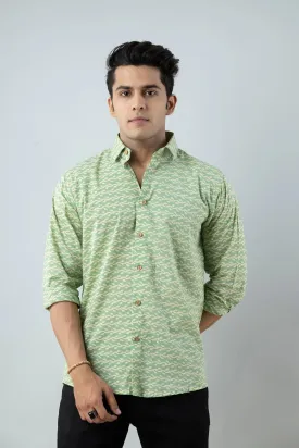 Firangi Yarn Ethnic Block Printed Shirt For Men- Full Sleeves In Pastel Green