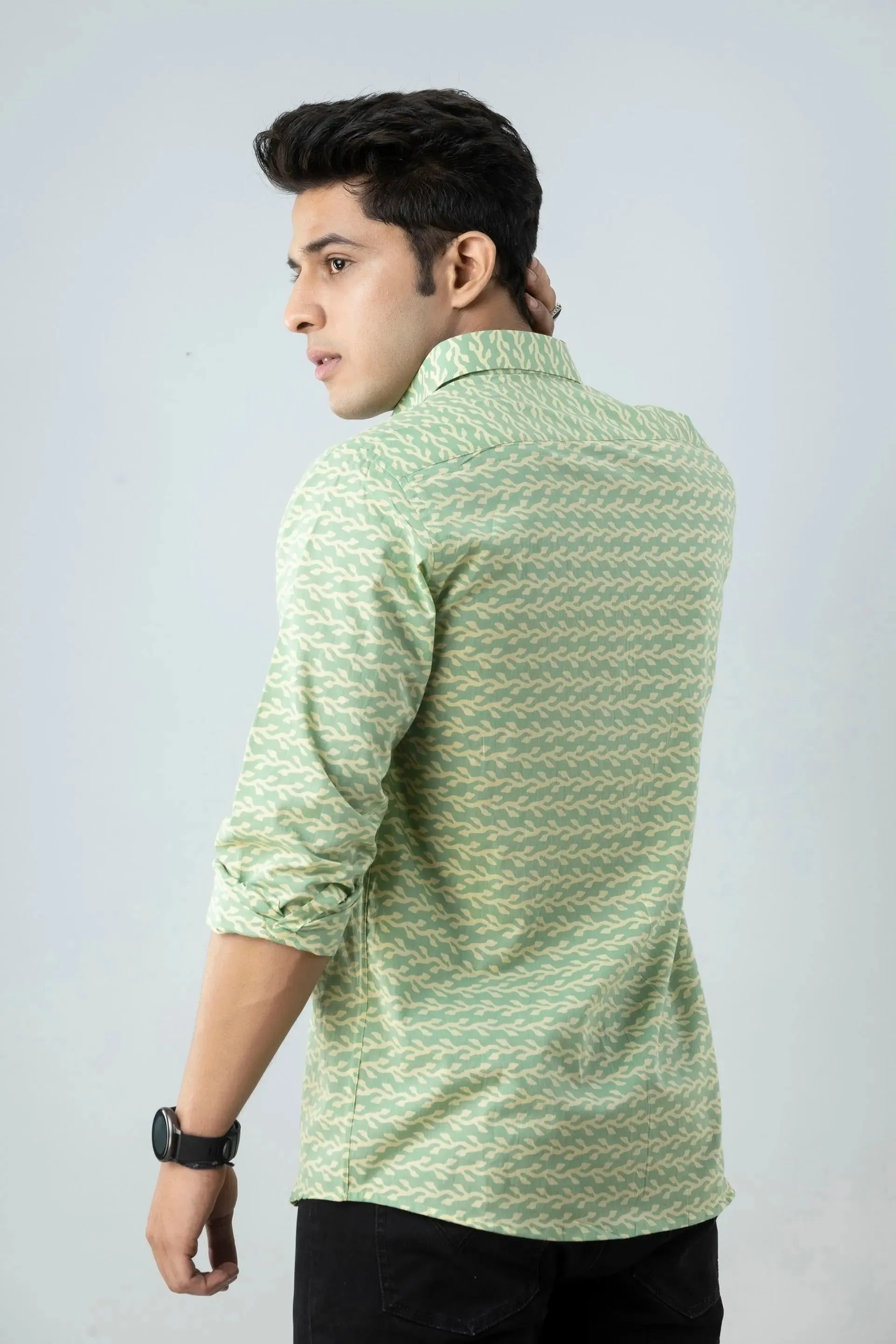 Firangi Yarn Ethnic Block Printed Shirt For Men- Full Sleeves In Pastel Green