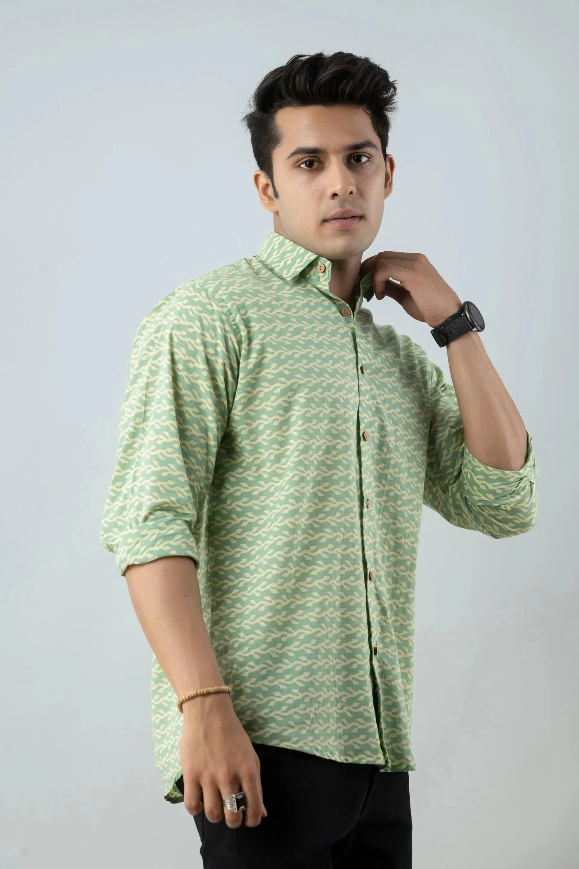 Firangi Yarn Ethnic Block Printed Shirt For Men- Full Sleeves In Pastel Green