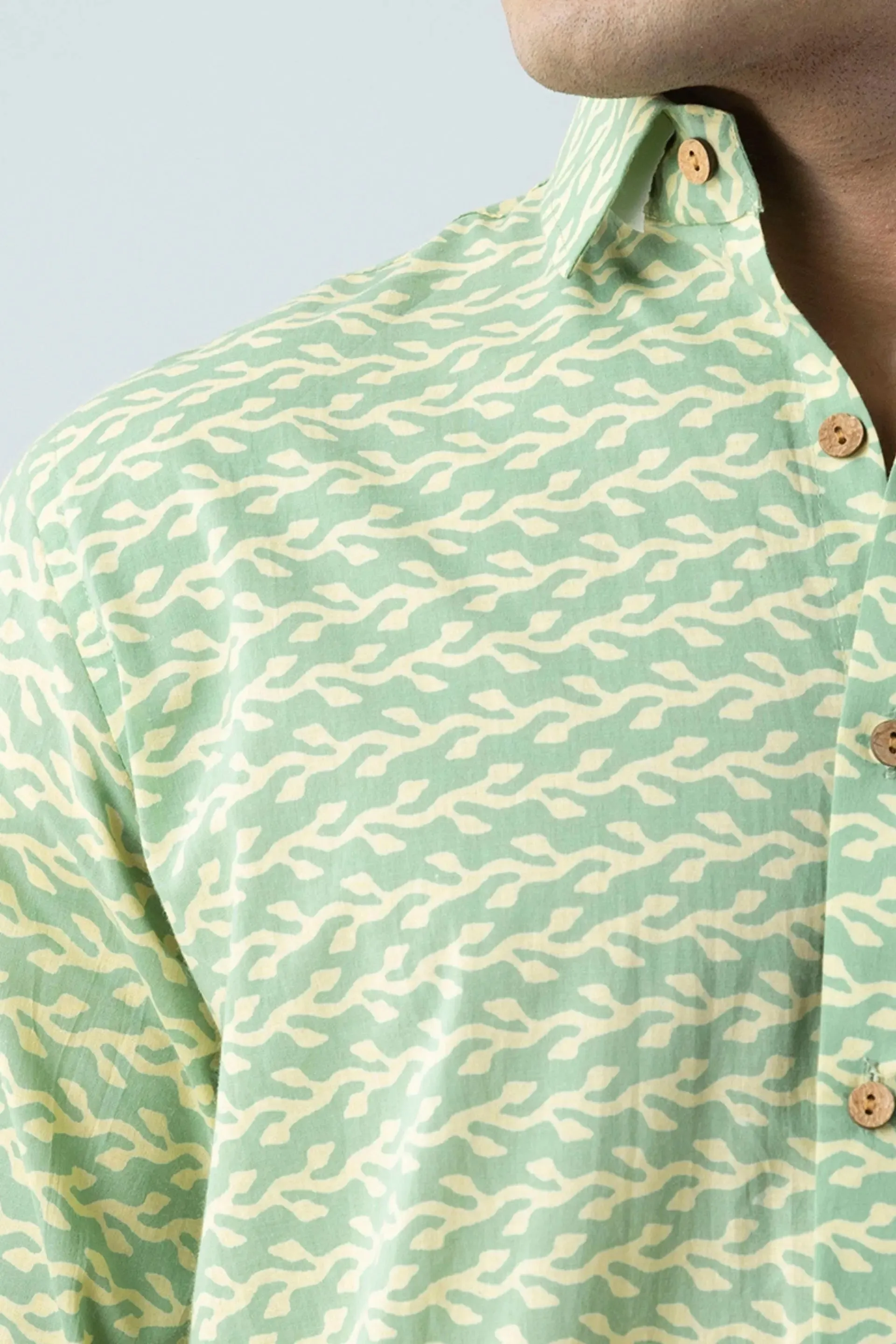Firangi Yarn Ethnic Block Printed Shirt For Men- Full Sleeves In Pastel Green