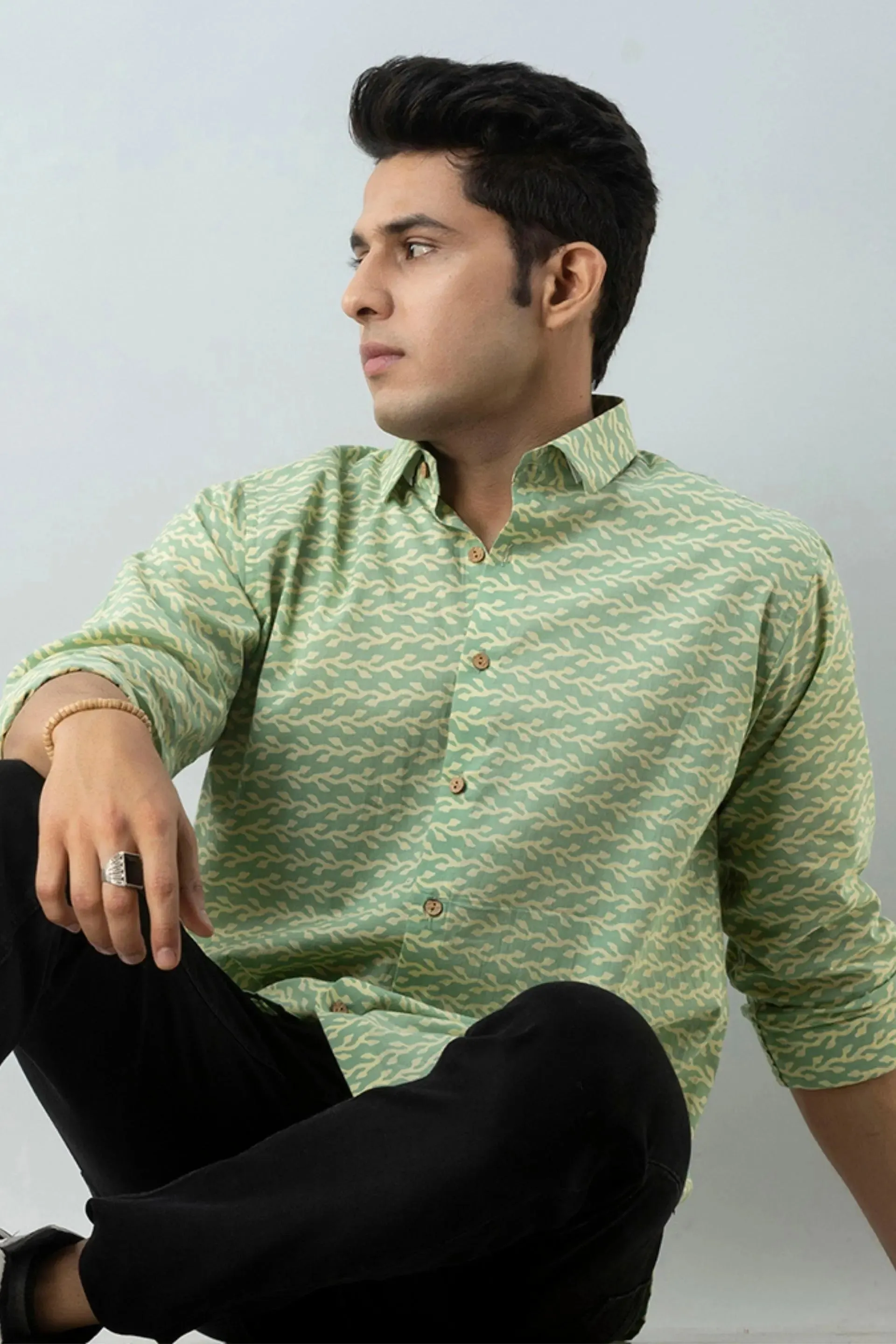 Firangi Yarn Ethnic Block Printed Shirt For Men- Full Sleeves In Pastel Green