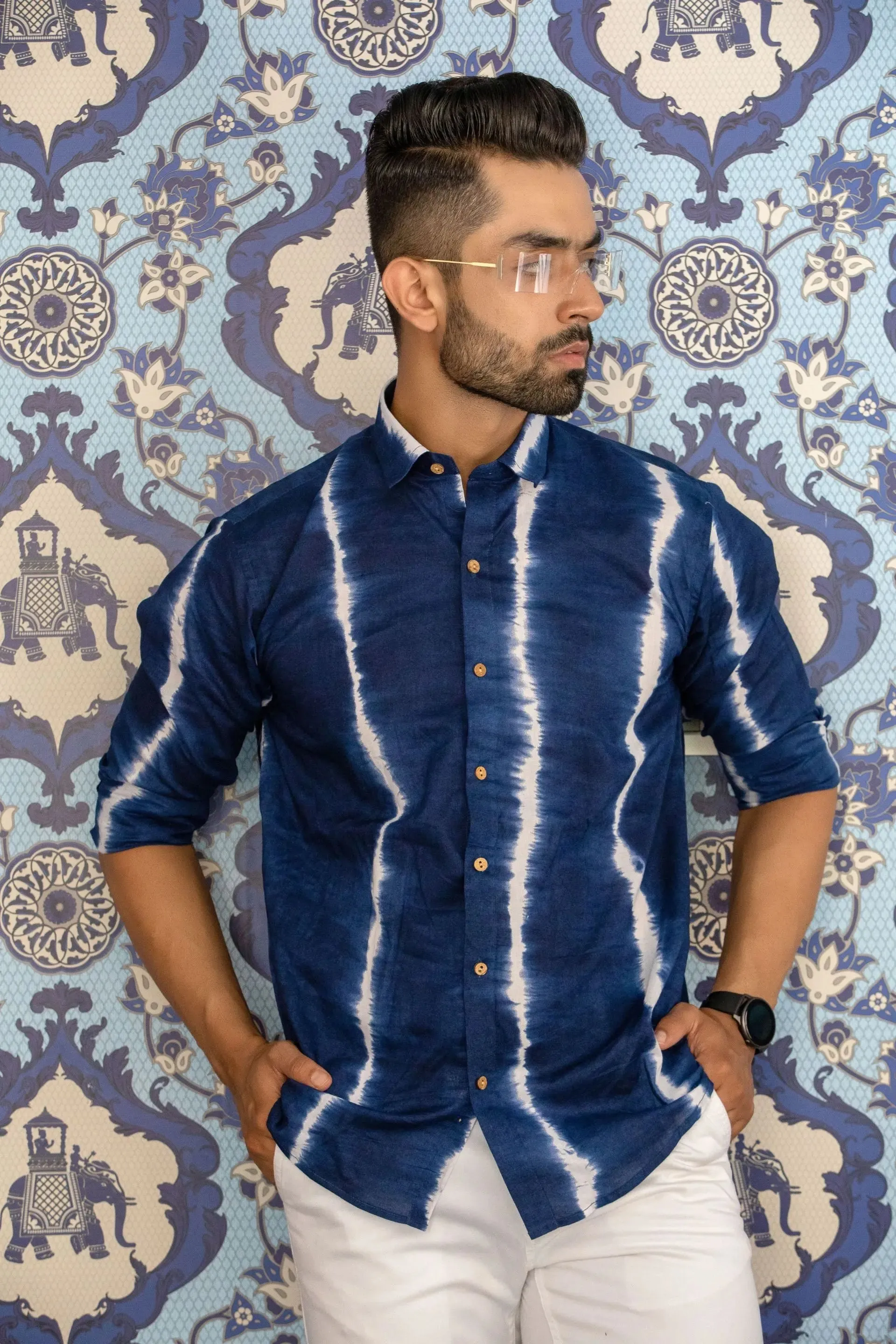 Firangi Yarn Indigo Tie&Dye 100% Cotton Shirt For Men - Full Sleeves