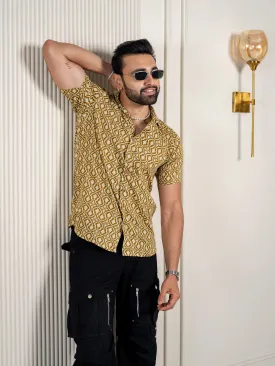 Firangi Yarn Jaipuri Printed  Beach Cuban Collar Casual Shirt Green Geomatry