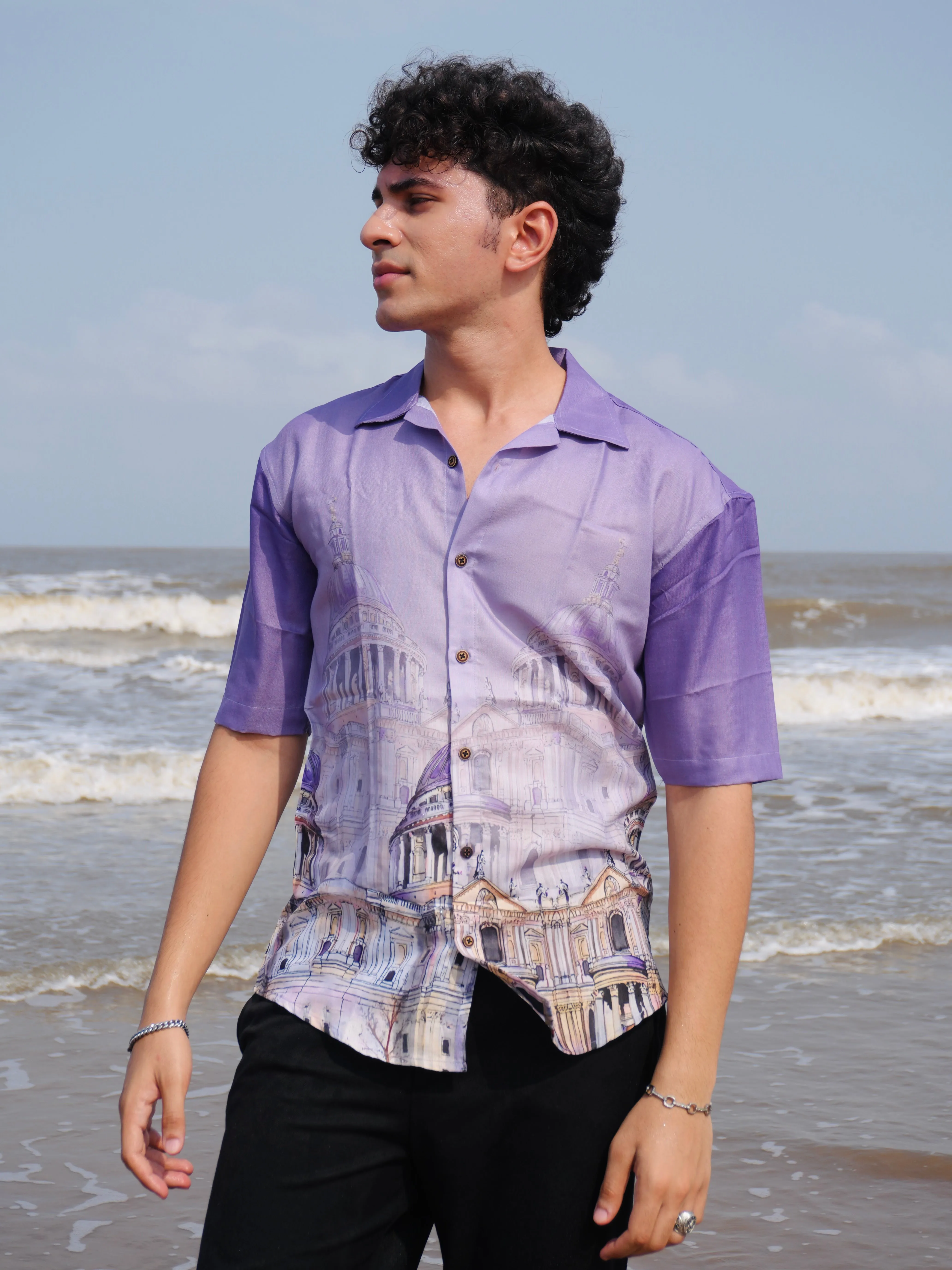 Firangi Yarn Lilac Linen Cuban Collar Fusion Printed Oversize Shirt - Lilac City