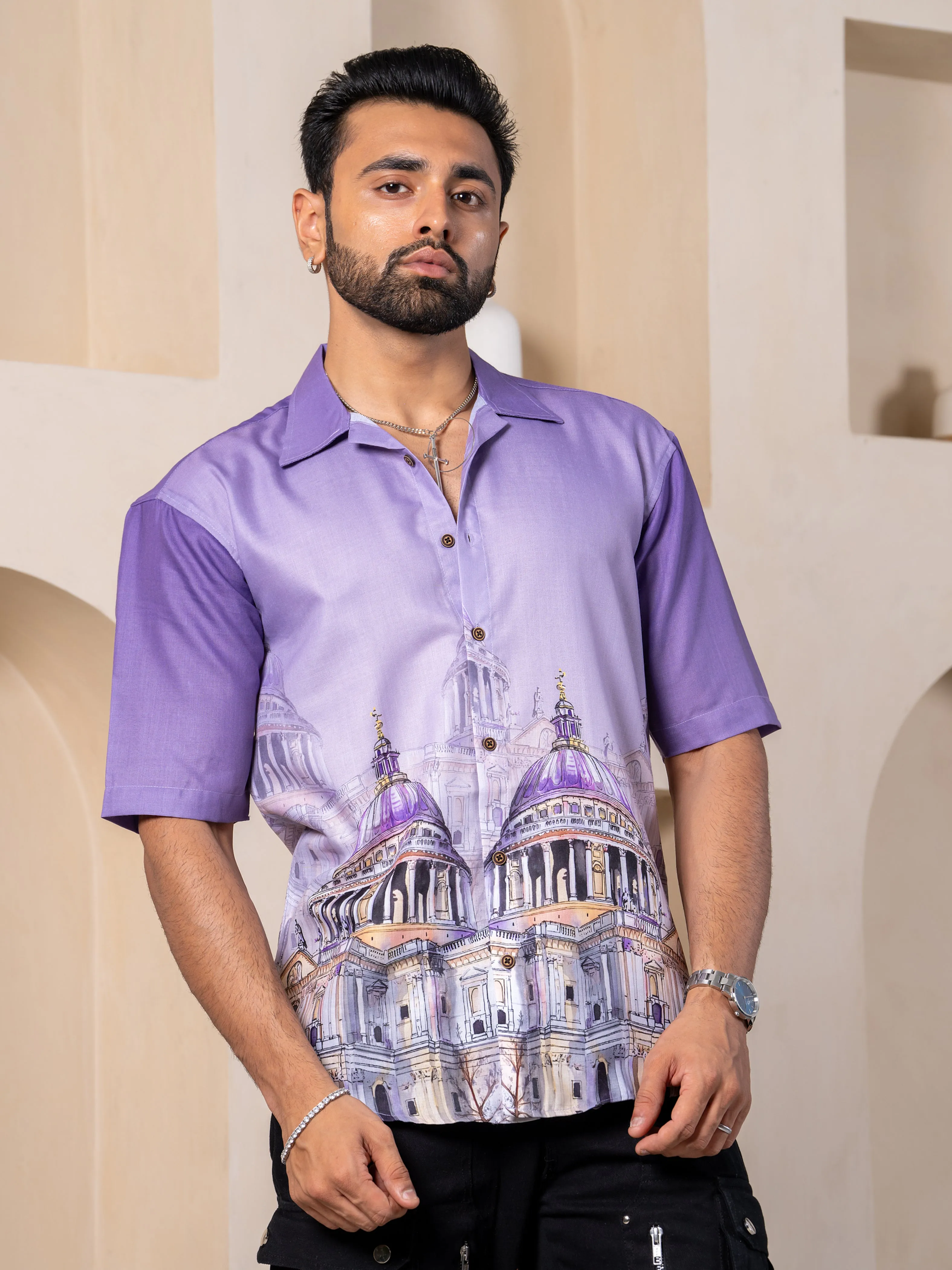 Firangi Yarn Lilac Linen Cuban Collar Fusion Printed Oversize Shirt - Lilac City