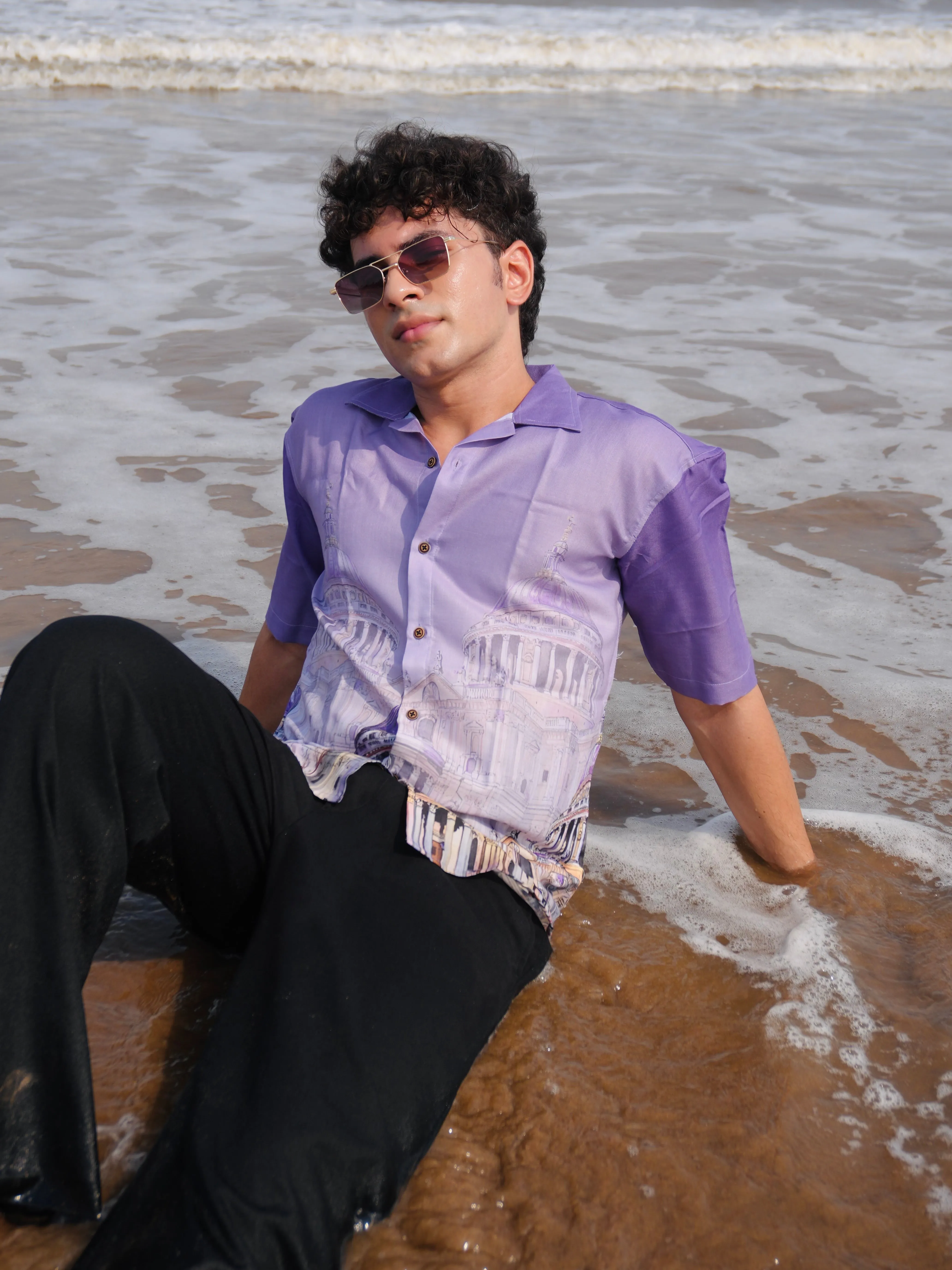 Firangi Yarn Lilac Linen Cuban Collar Fusion Printed Oversize Shirt - Lilac City