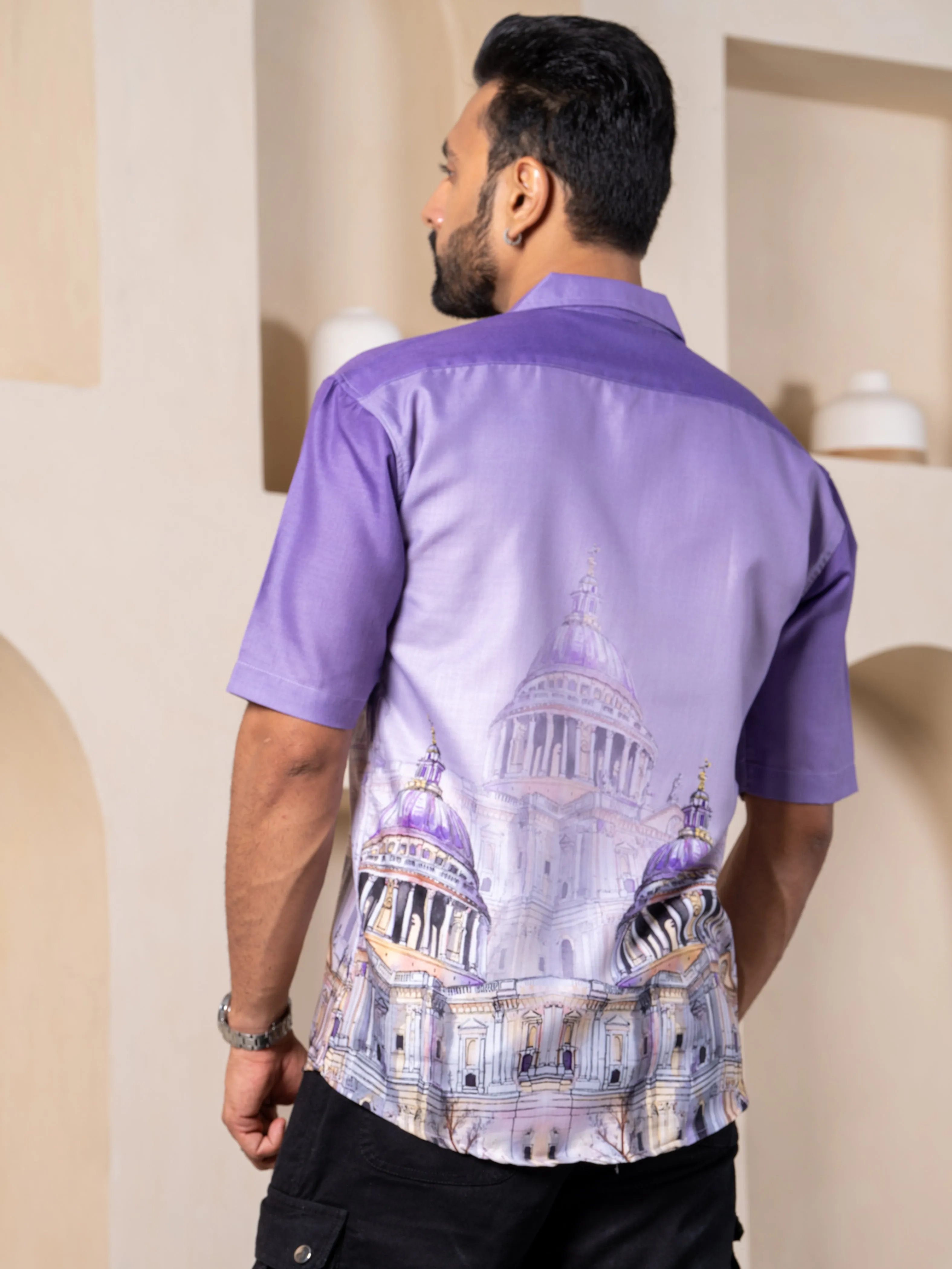 Firangi Yarn Lilac Linen Cuban Collar Fusion Printed Oversize Shirt - Lilac City