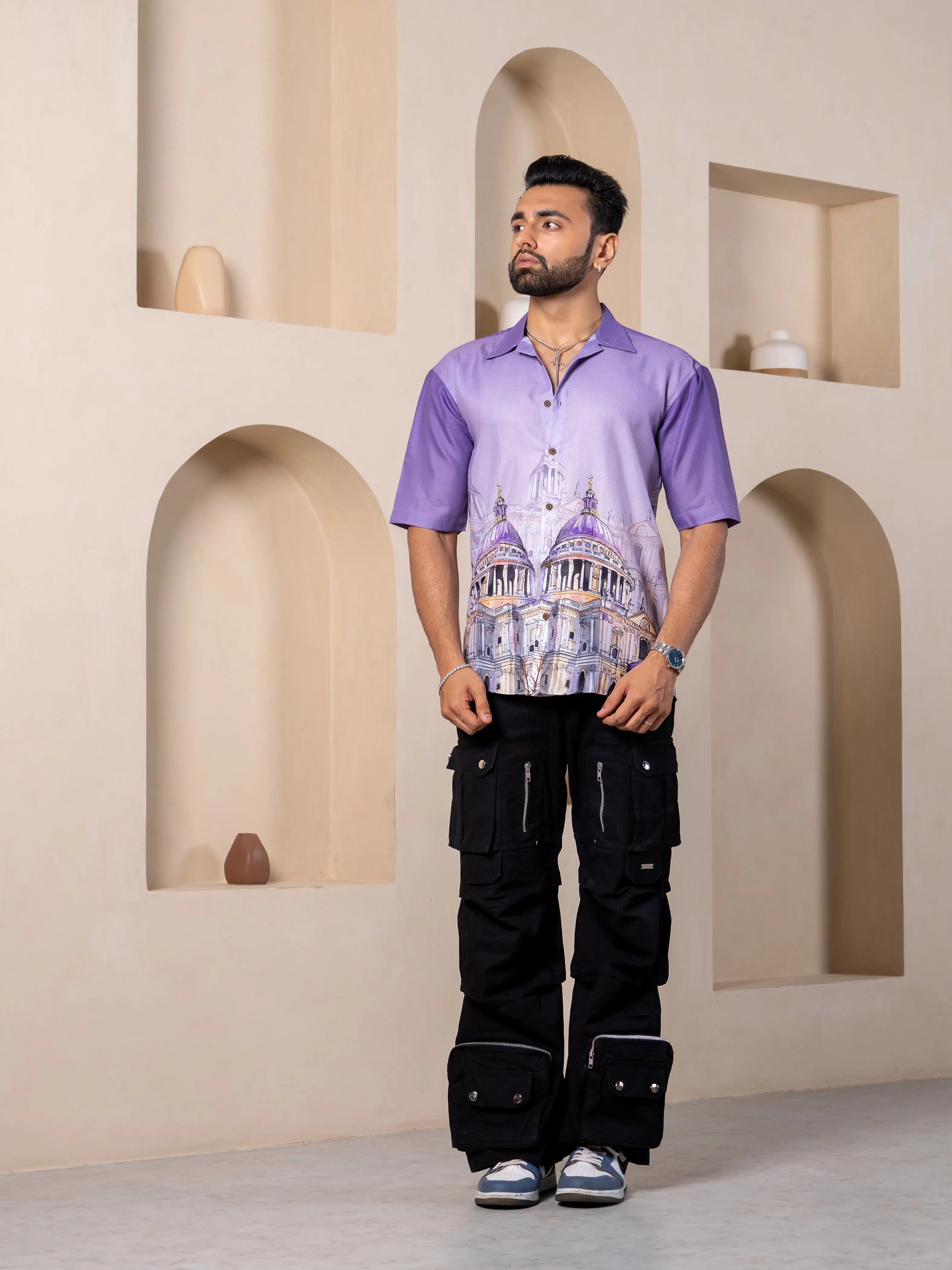 Firangi Yarn Lilac Linen Cuban Collar Fusion Printed Oversize Shirt - Lilac City