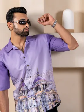 Firangi Yarn Lilac Linen Cuban Collar Fusion Printed Oversize Shirt - Lilac City