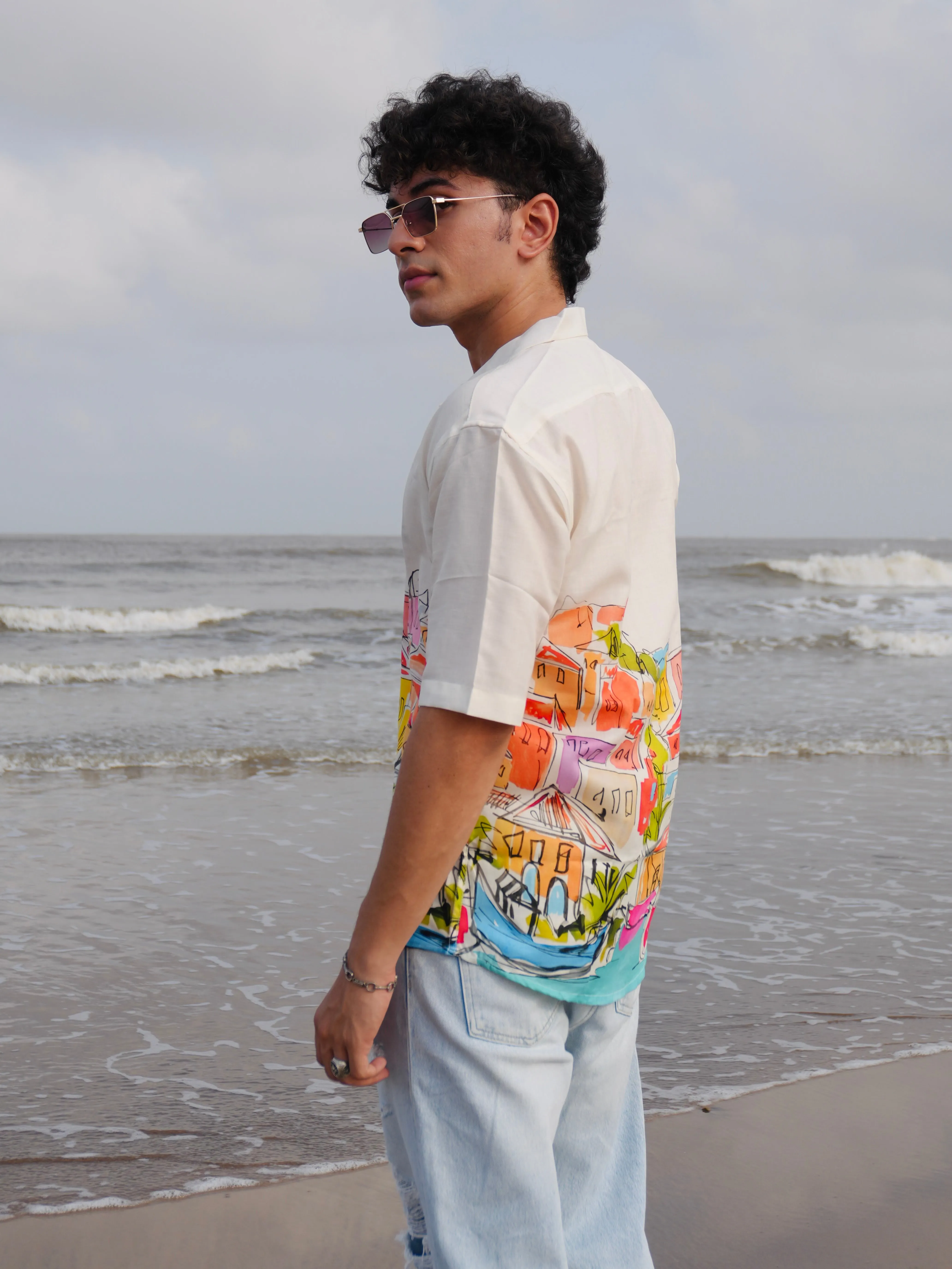 Firangi Yarn Off-White Linen Cuban Collar Fusion Printed Oversize Shirt - Urban Splash