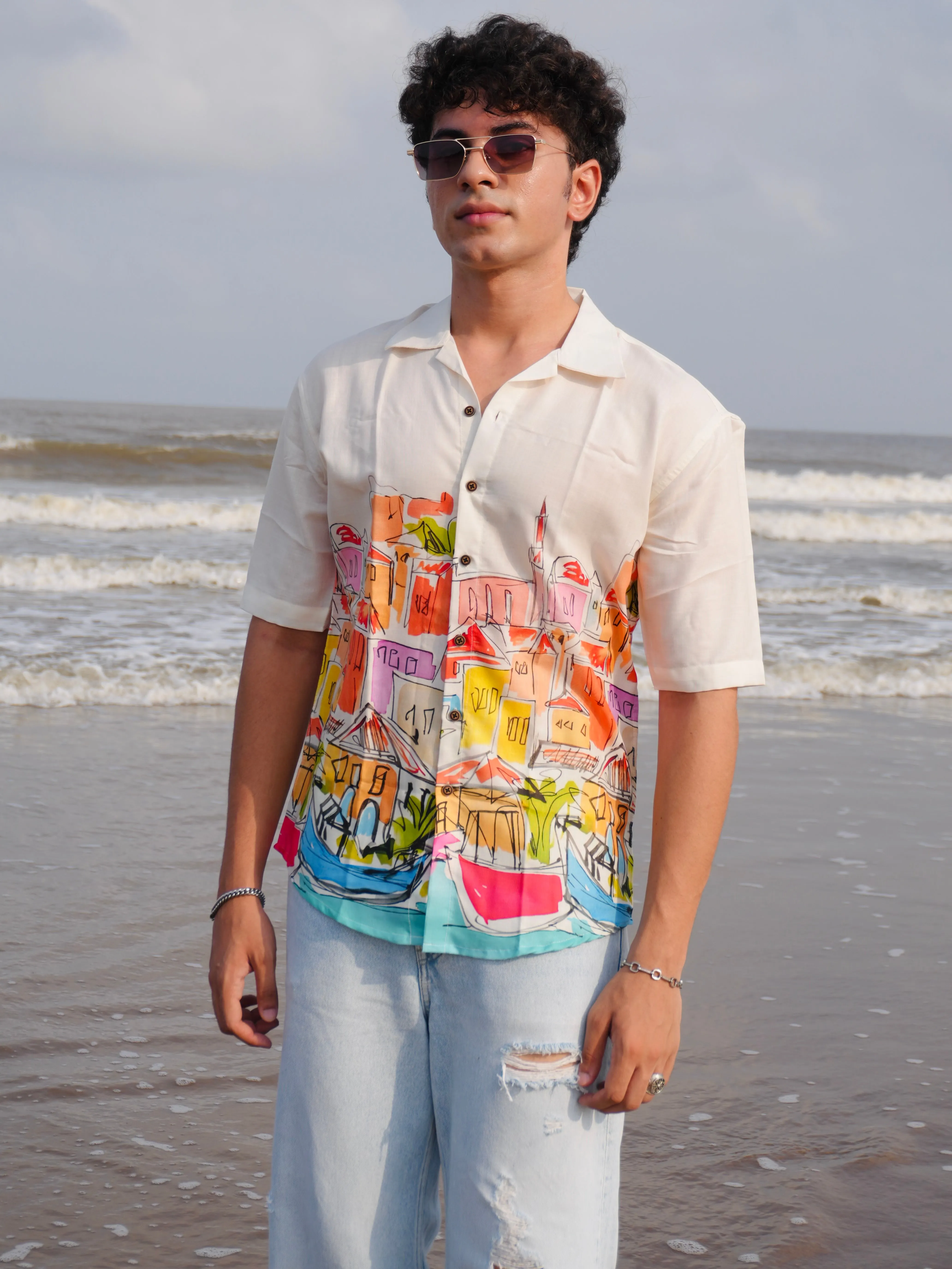 Firangi Yarn Off-White Linen Cuban Collar Fusion Printed Oversize Shirt - Urban Splash